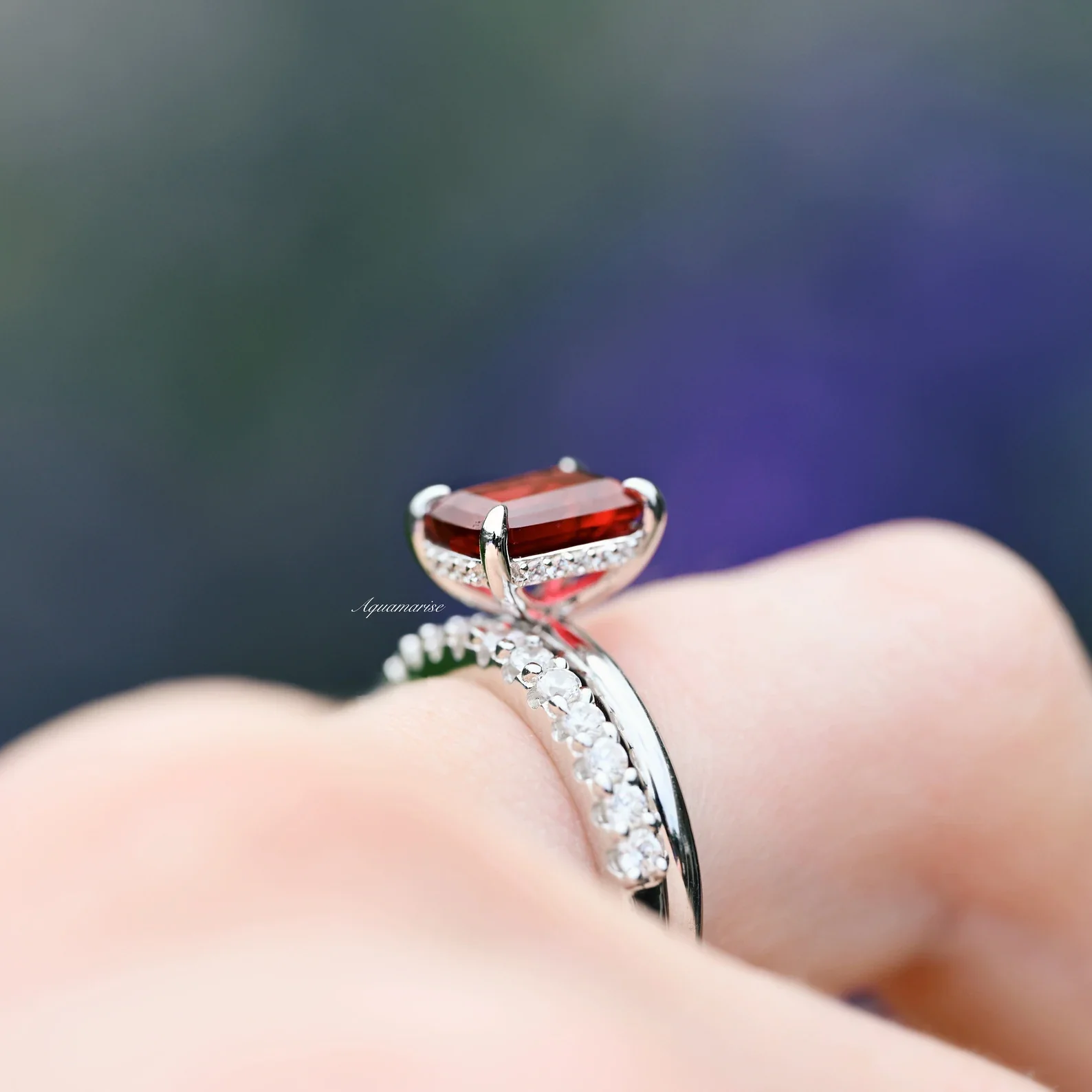 Raspberry Tourmaline Engagement Ring Set- Sterling Silver - Image 3