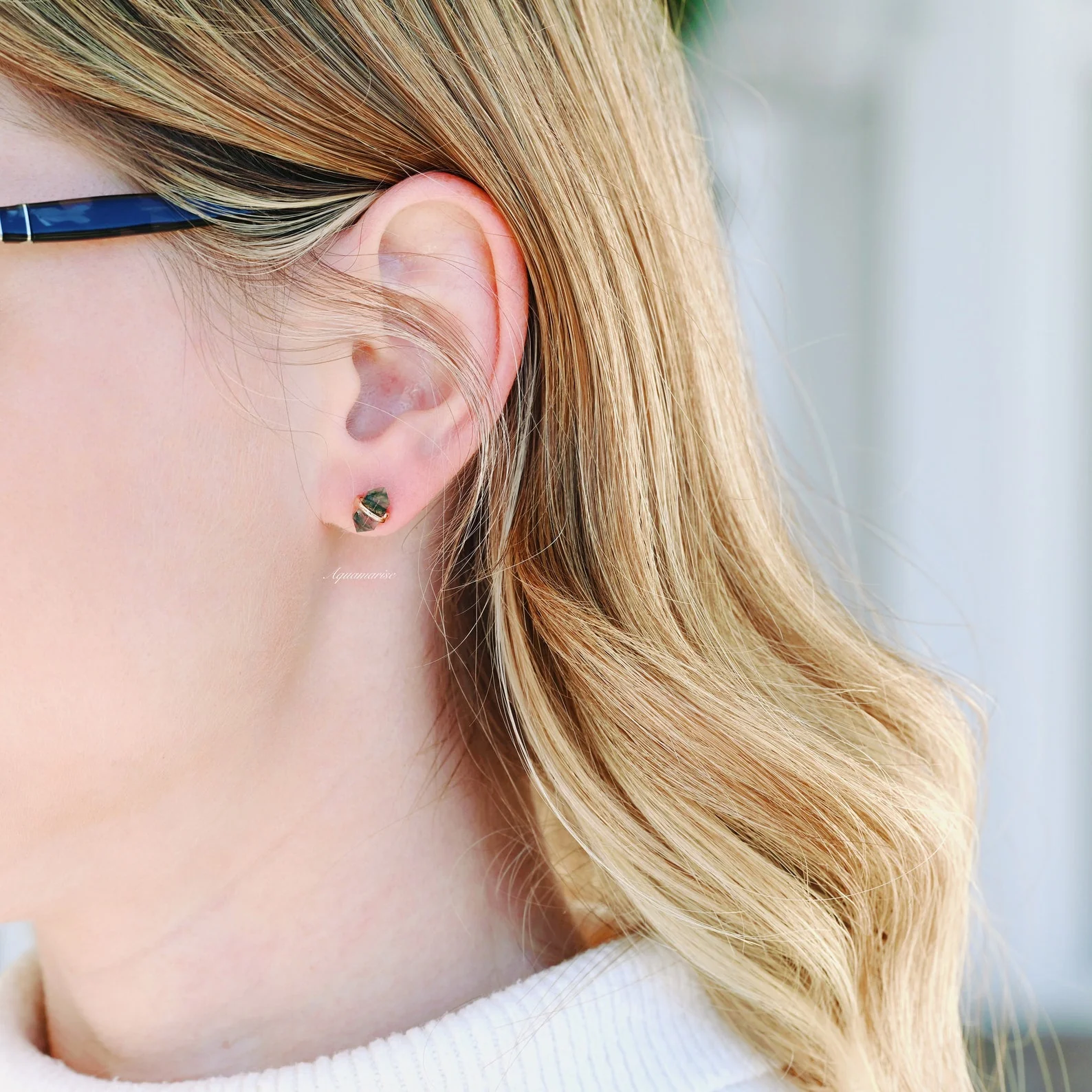 Raw Green Moss Agate Stud Earrings in 14K Rose Gold Vermeil - Image 3