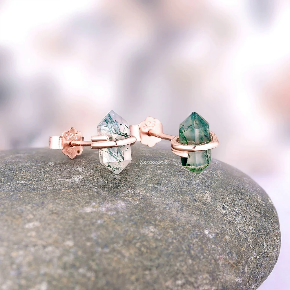 Raw Green Moss Agate Stud Earrings in 14K Rose Gold Vermeil - Image 6