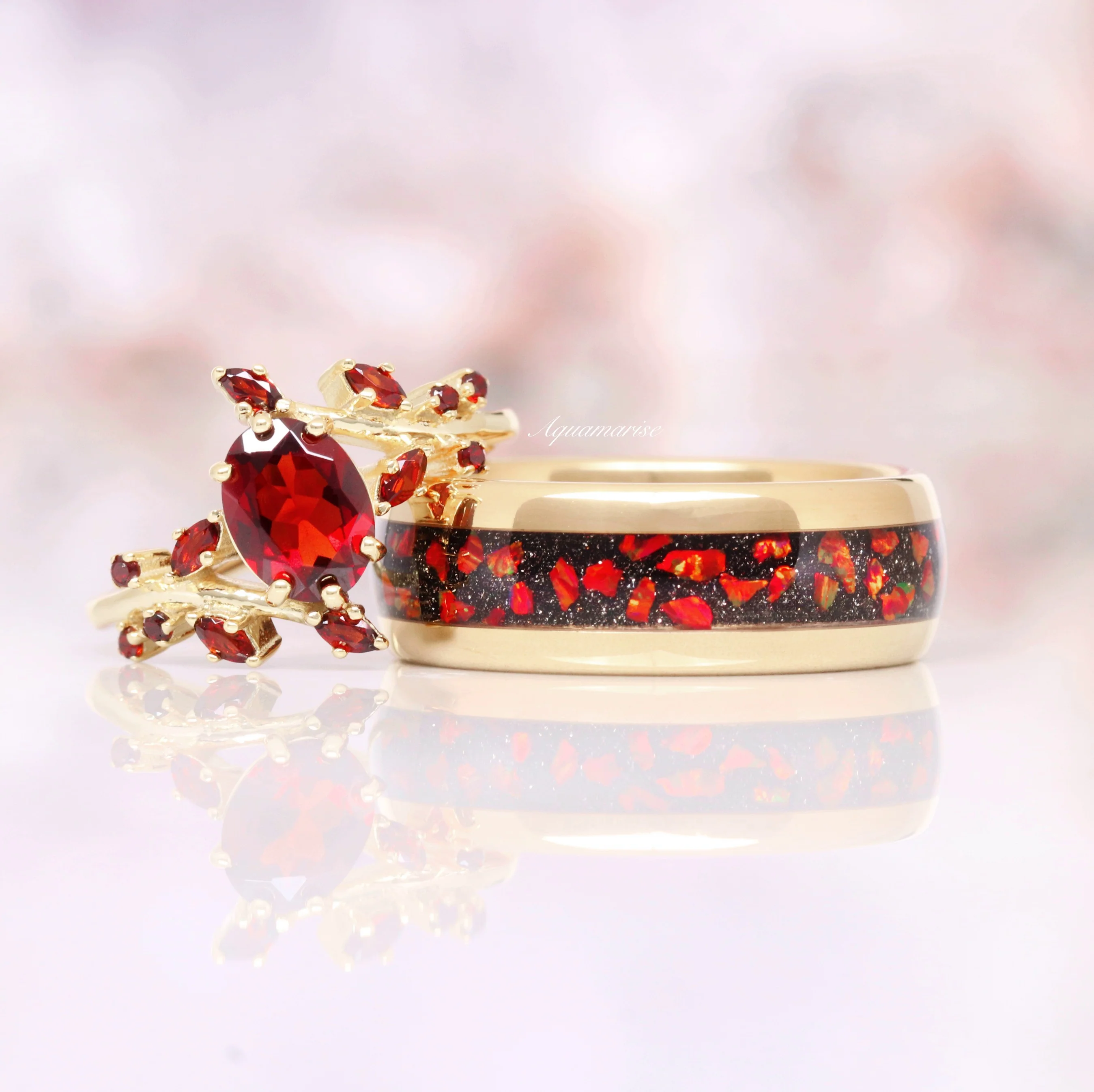 Galaxy Red Fire Opal Wedding Band in Gold Tungsten Carbide (8mm) - Image 6