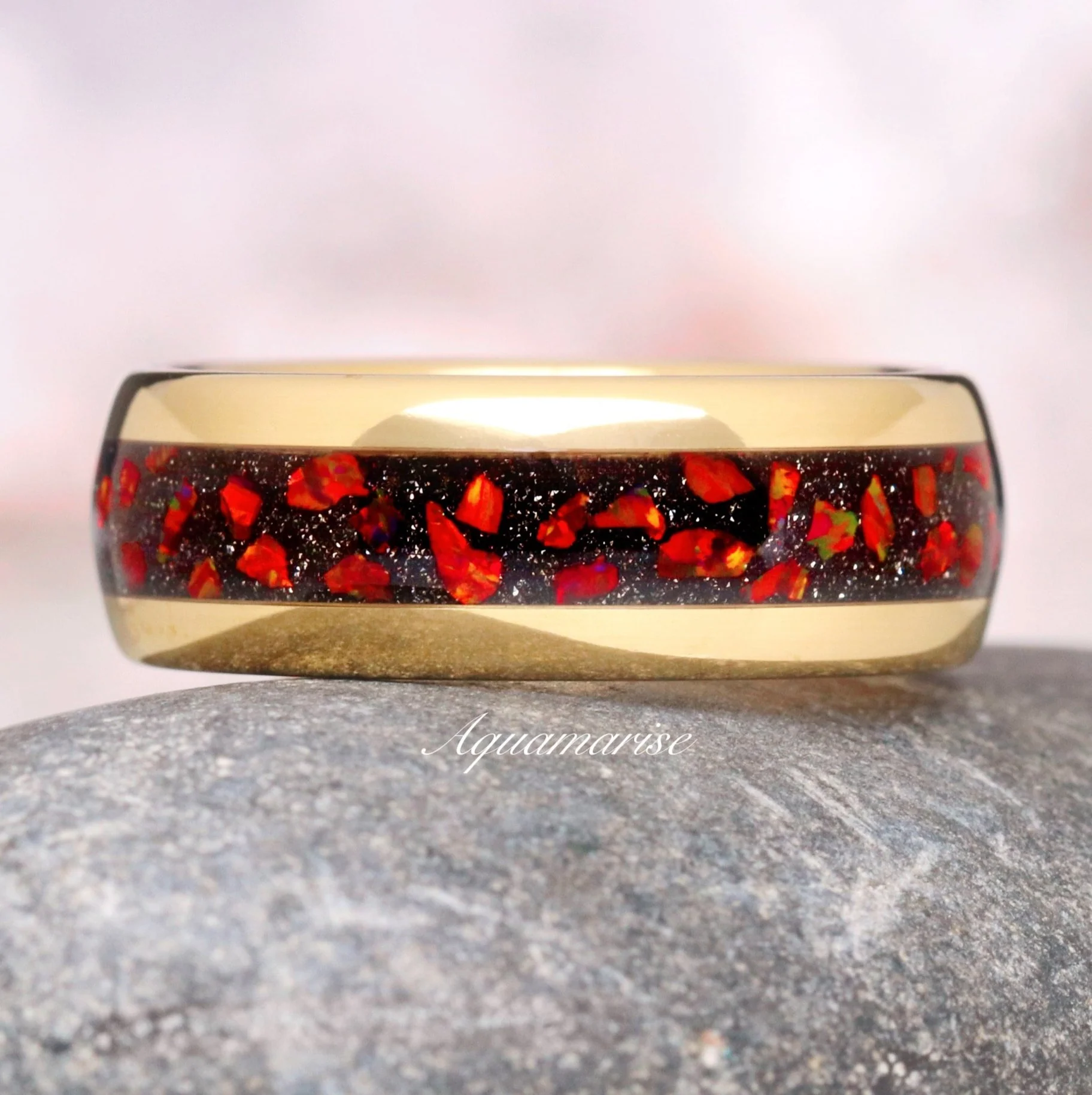 Galaxy Red Fire Opal Wedding Band in Gold Tungsten Carbide (8mm) - Image 7