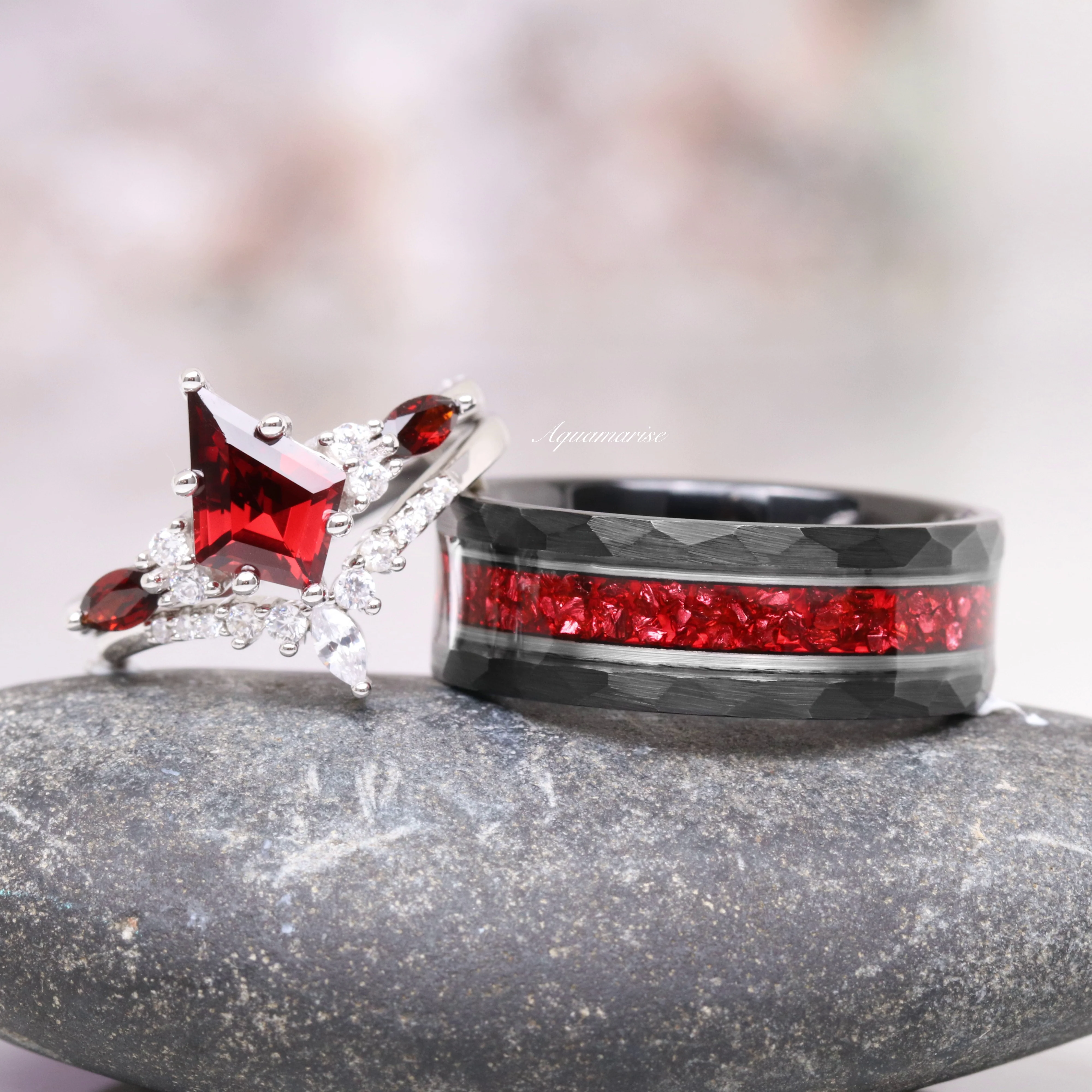Red Garnet Wedding Band in Two Tone Tungsten Carbide (8mm) - Image 3