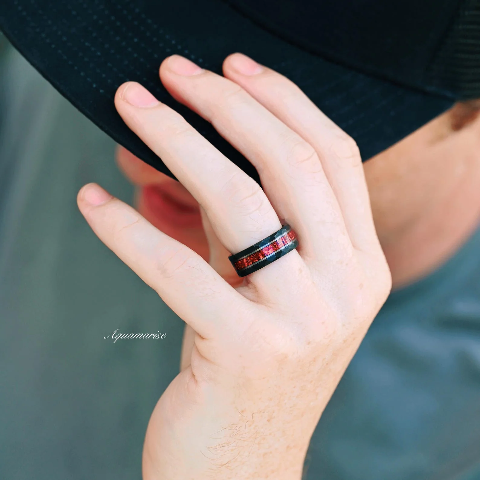 Red Garnet Wedding Band in Two Tone Tungsten Carbide (8mm) - Image 5
