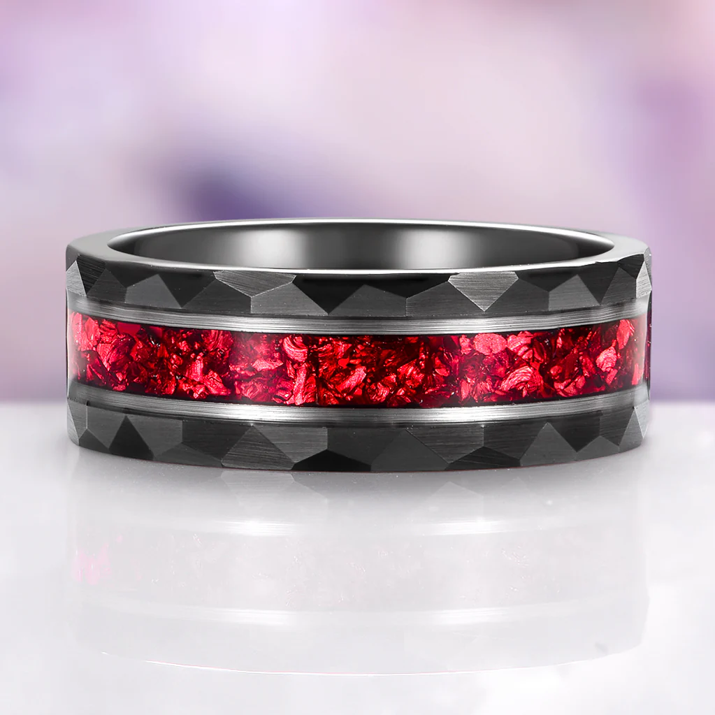 Red Garnet Wedding Band in Two Tone Tungsten Carbide (8mm) - Image 6