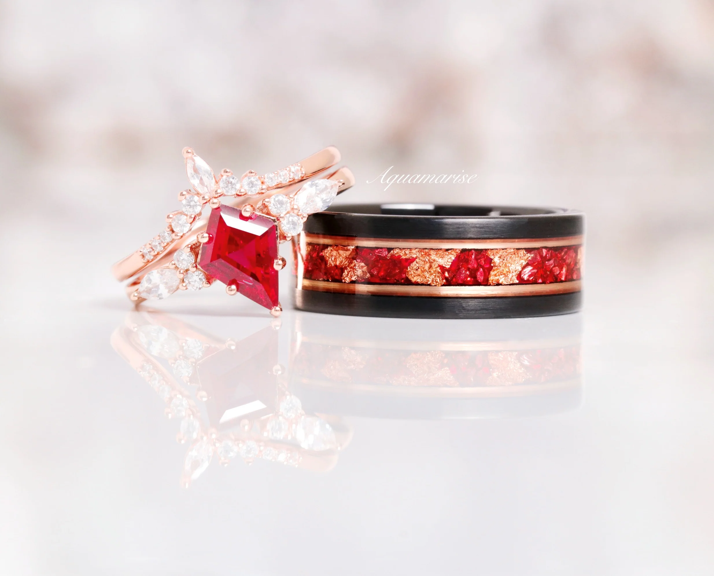 Ruby and Rose Gold Leaf Wedding Band in Two Tone Black Tungsten (8mm) - Image 2