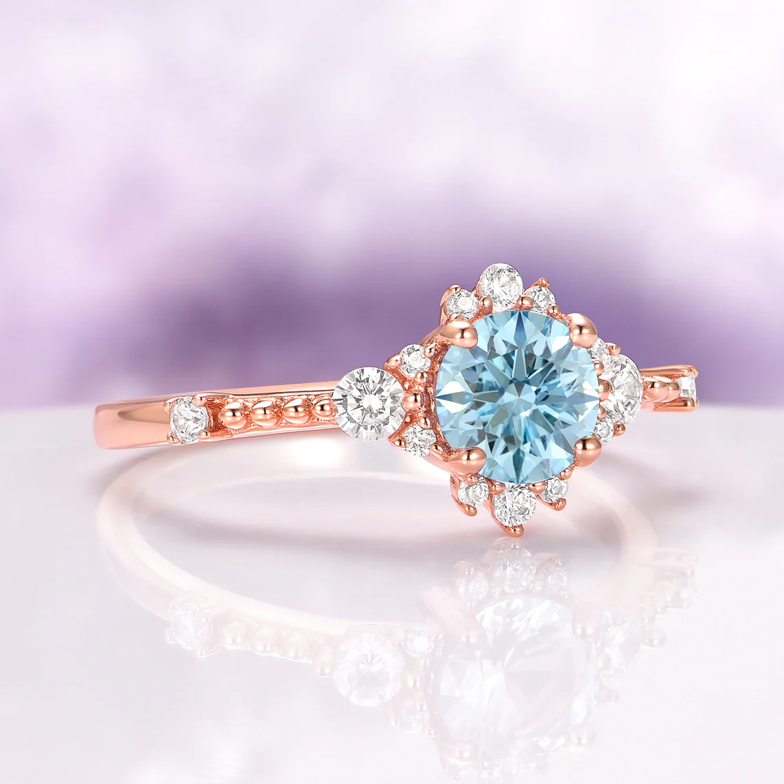 Round Cut Aquamarine Engagement Ring in 14K Solid Rose Gold - Image 3