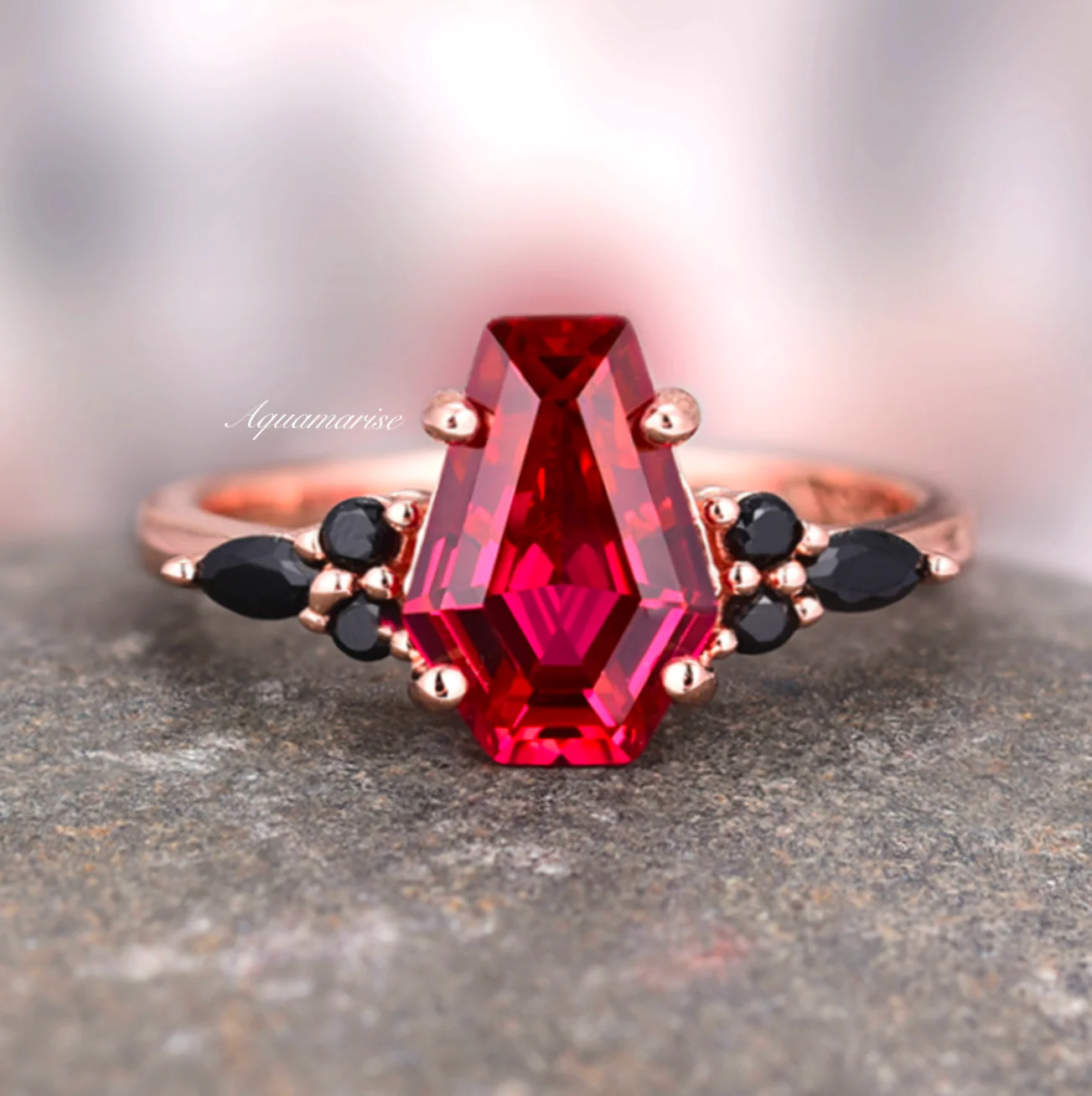 Coffin Cut Ruby and Rose Gold Leaf Couples Ring Set - Image 3