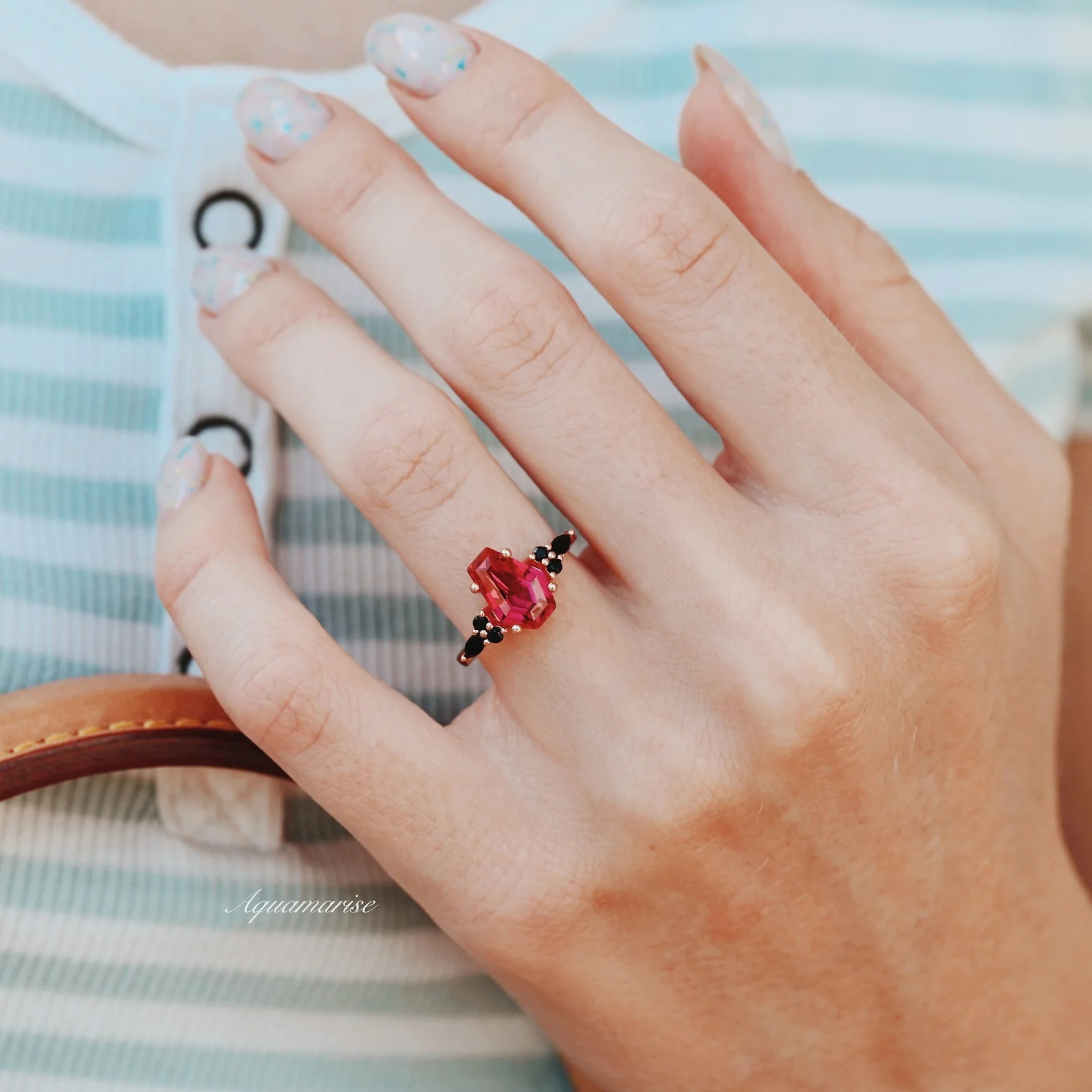 Coffin Cut Ruby and Rose Gold Leaf Couples Ring Set - Image 6