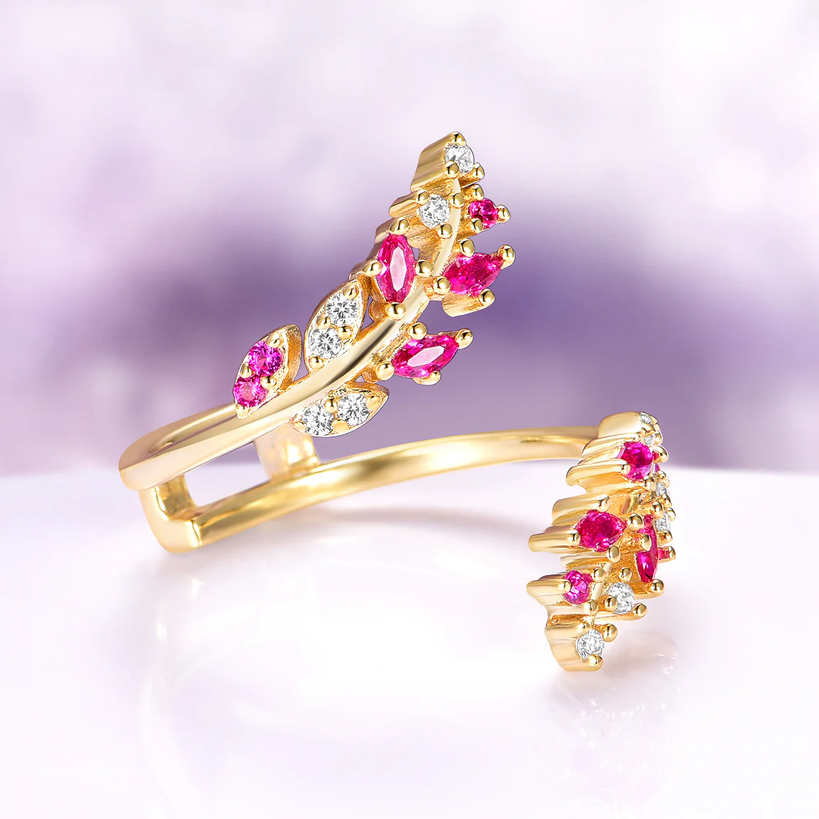 Ruby and Diamond Leaf Ring Guard in 14K Solid Yellow Gold - Image 6