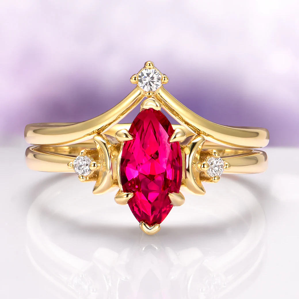 Crescent Moon Ruby Engagement Ring Set in 14K Solid Yellow Gold