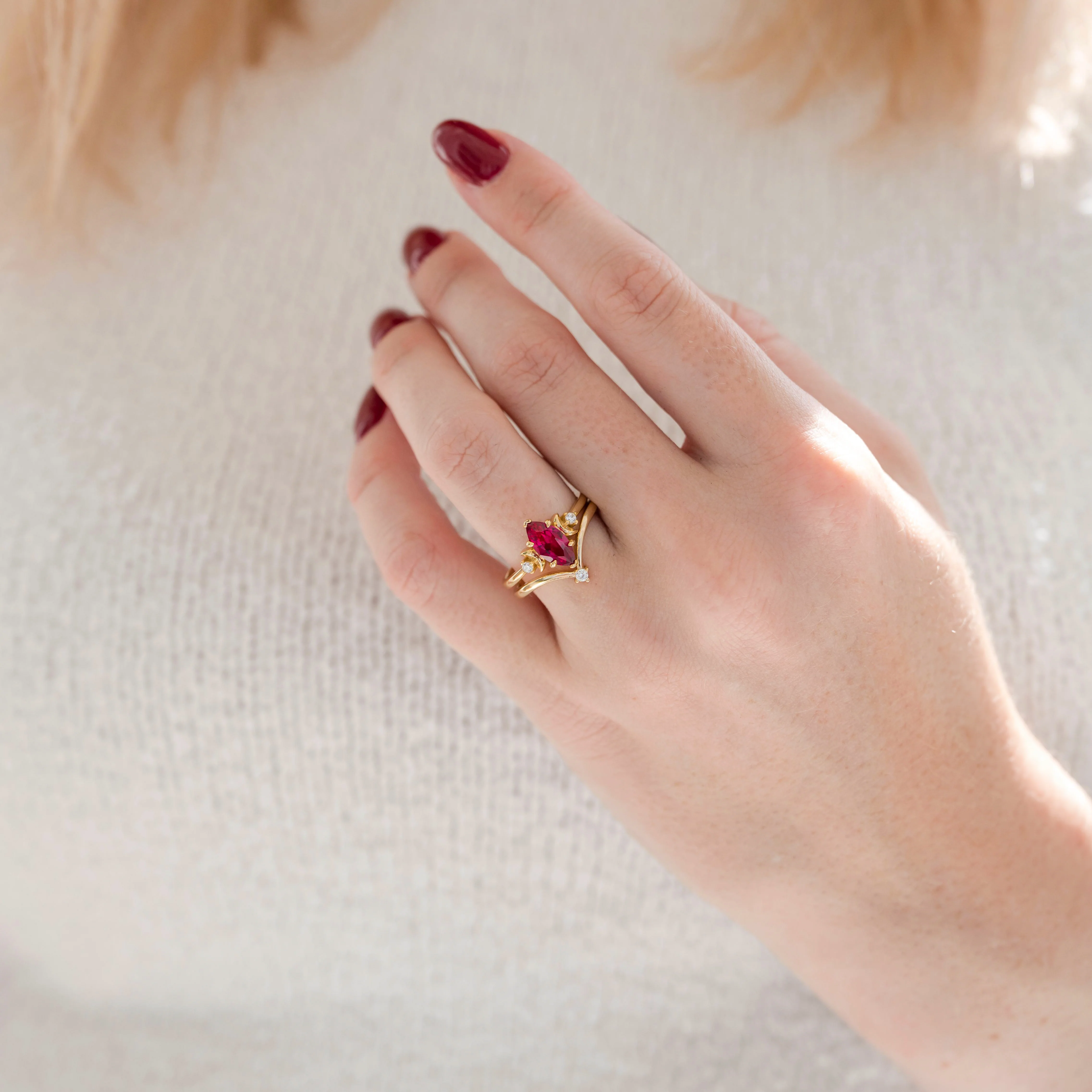 Crescent Moon Ruby Engagement Ring Set in 14K Solid Yellow Gold - Image 2