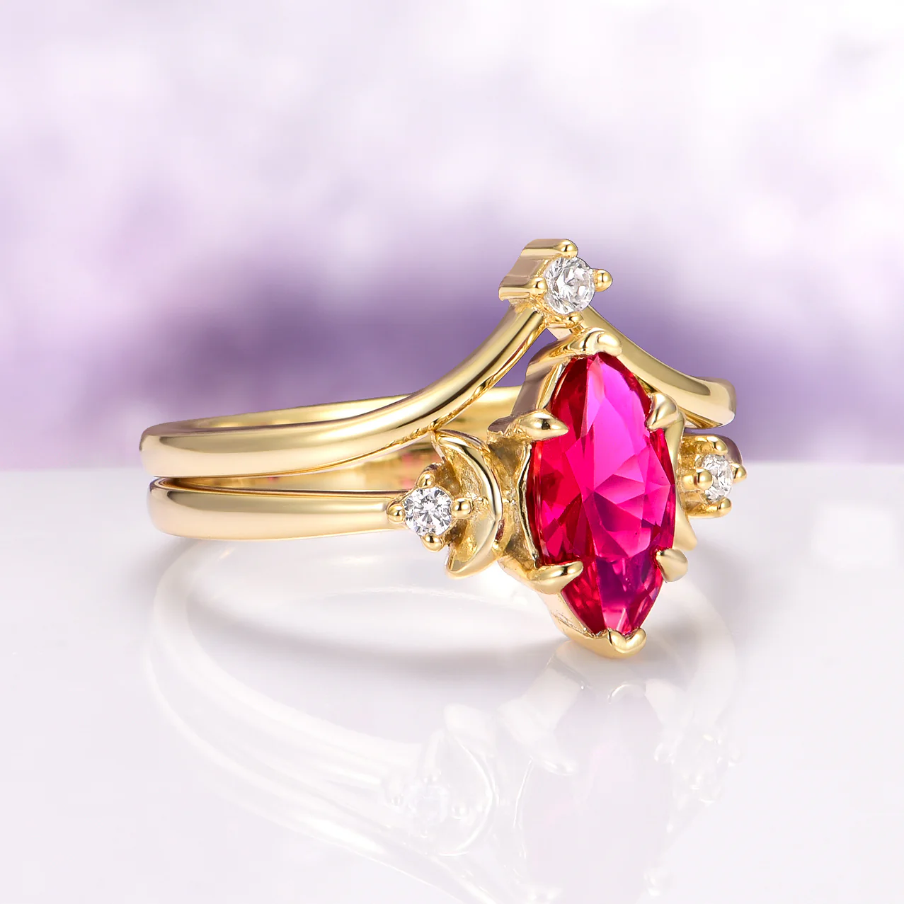 Crescent Moon Ruby Engagement Ring Set in 14K Solid Yellow Gold - Image 3