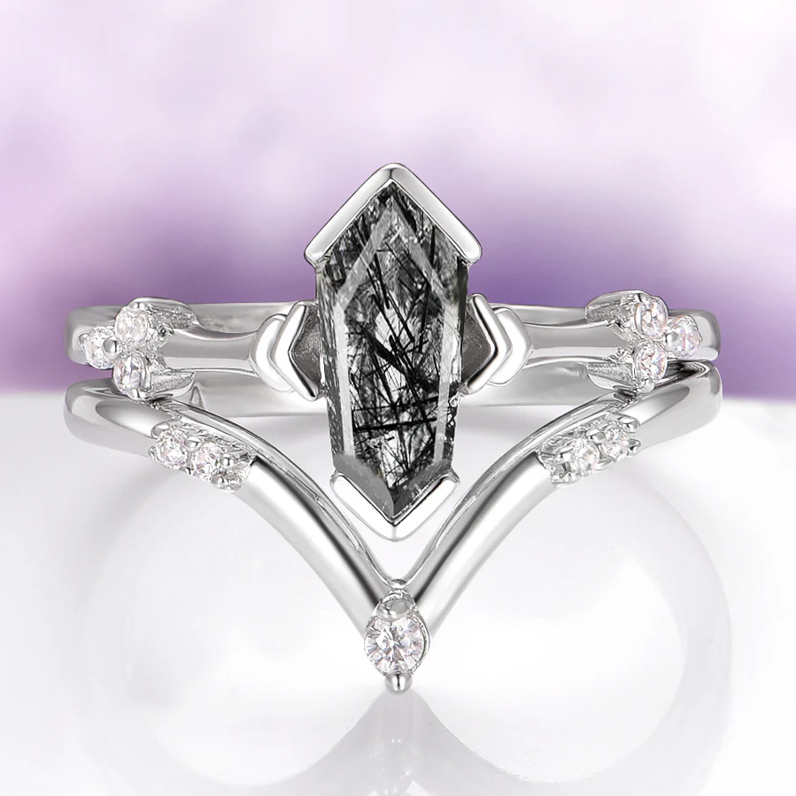 Hexagon Coffin Rutilated Quartz Geometric Engagement Ring Set in 14K White Gold
