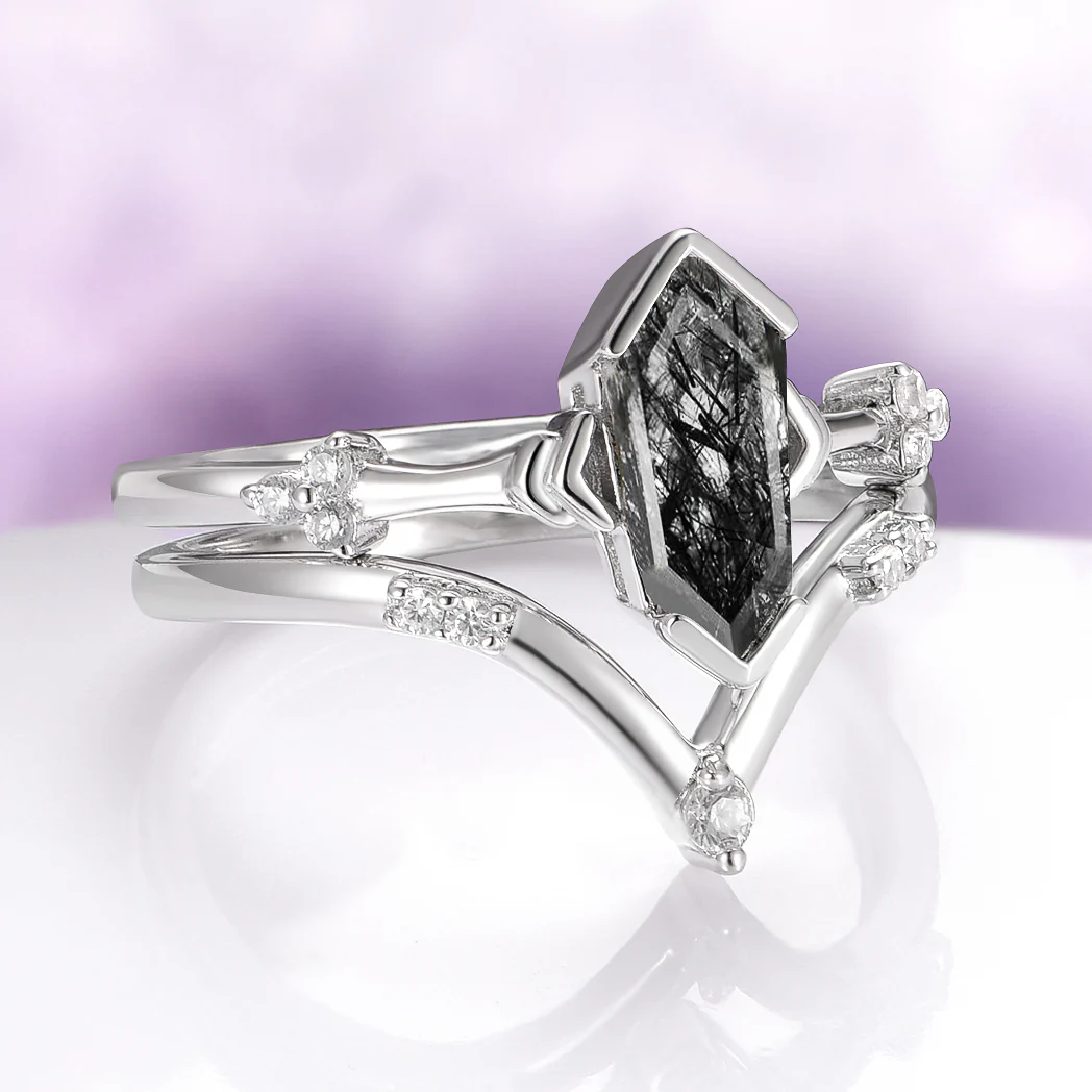 Hexagon Coffin Rutilated Quartz Geometric Engagement Ring Set in 14K White Gold - Image 9
