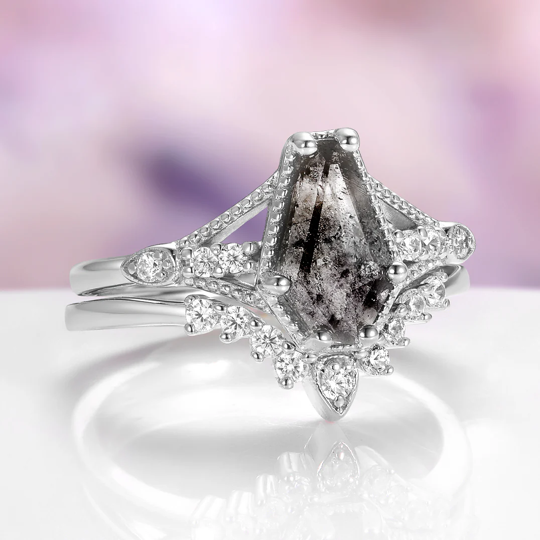 Galaxy Salt & Pepper (Herkimer) Diamond & Meteorite Couples Ring Set - Image 9