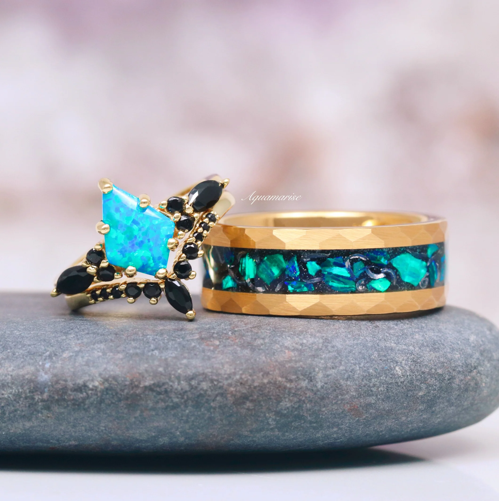 Skye Kite®  Blue Fire Opal & Black Onyx Ring Set- 14K Yellow Gold Vermeil - Image 3