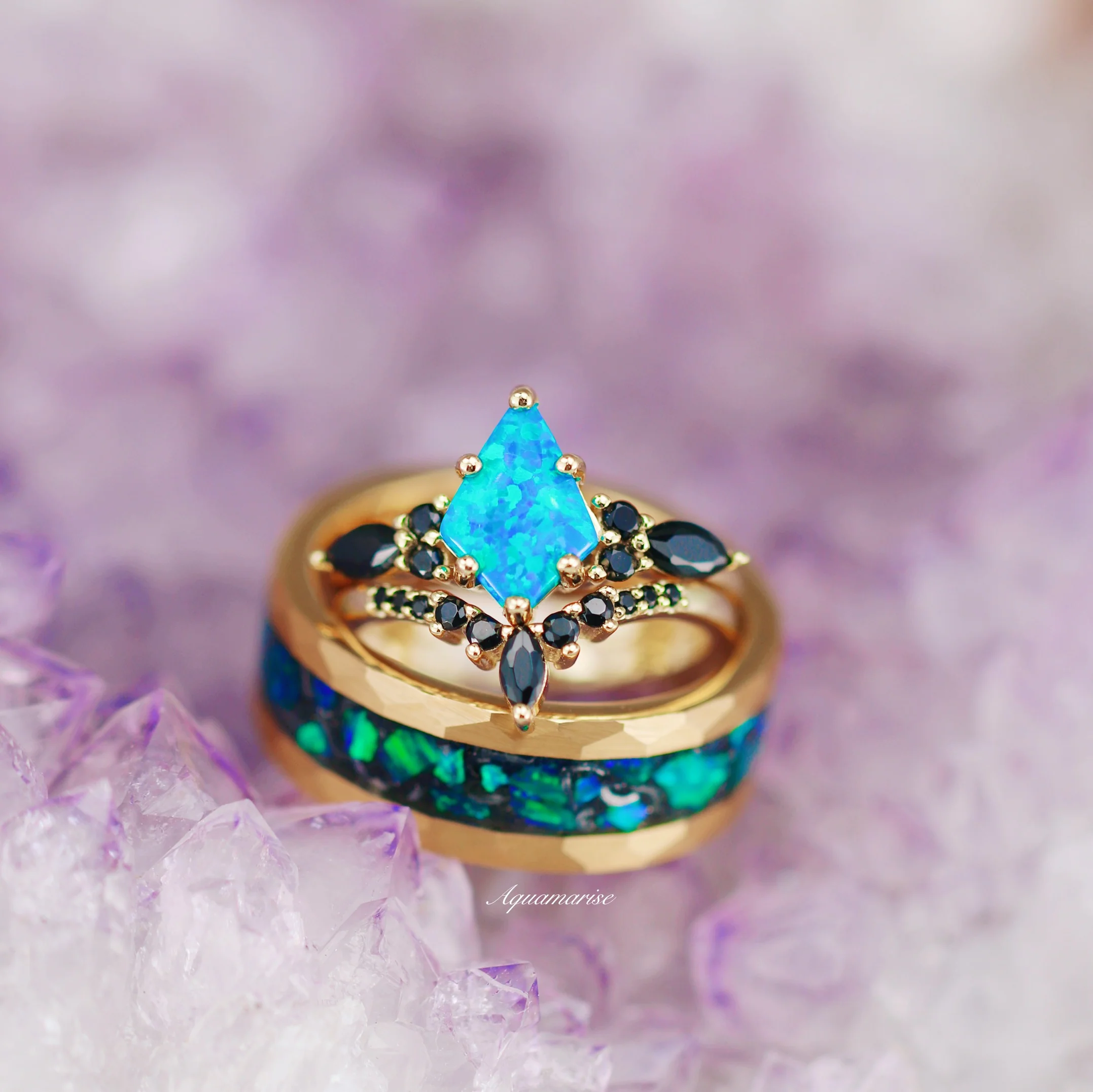 Skye Kite®  Blue Fire Opal & Black Onyx Ring Set- 14K Yellow Gold Vermeil - Image 8
