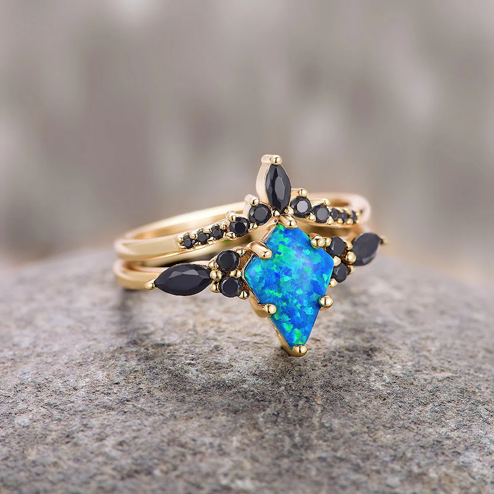 Skye Kite®  Blue Fire Opal & Black Onyx Ring Set- 14K Yellow Gold Vermeil - Image 9