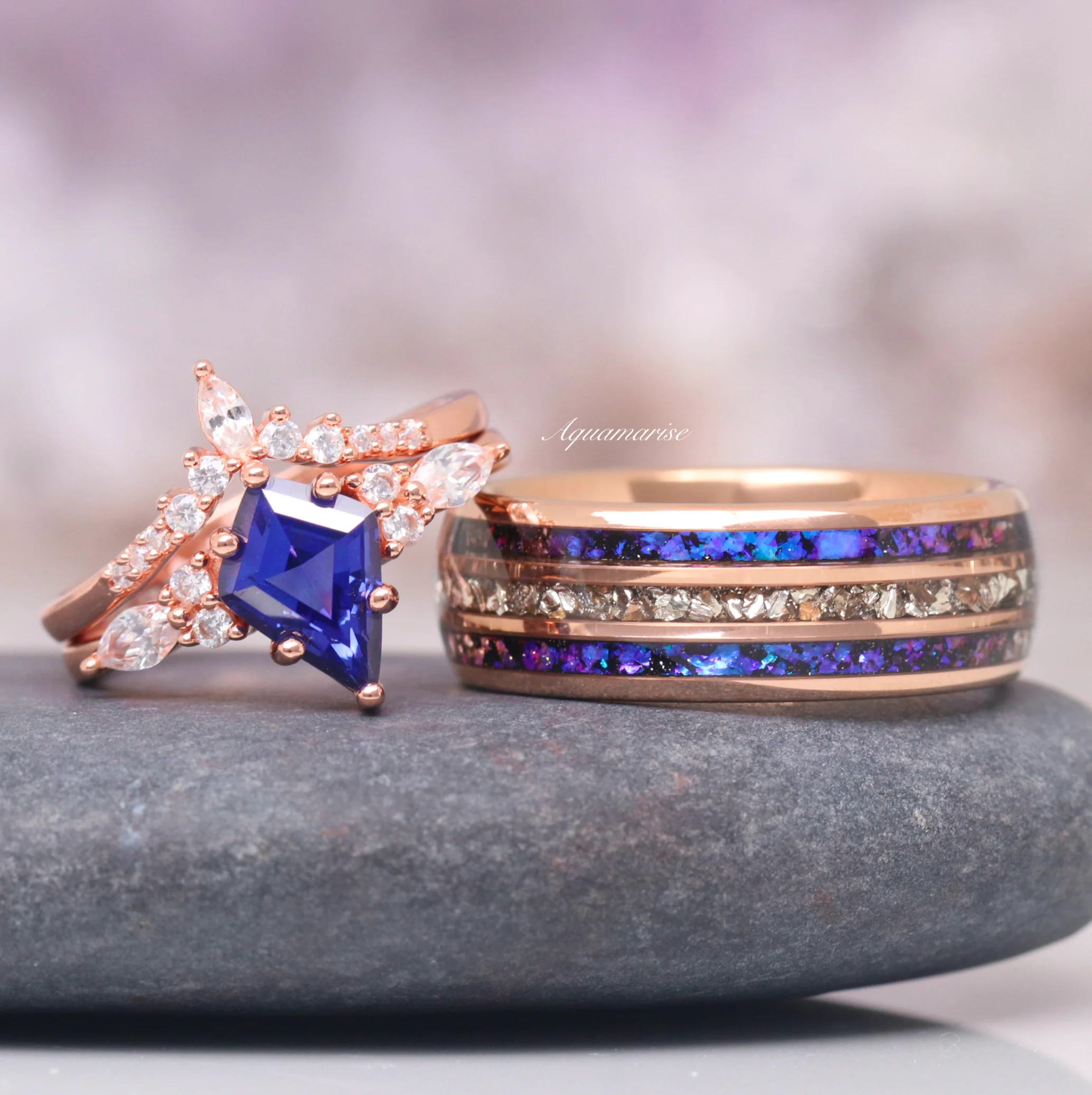Skye Kite® Cornflower Sapphire Kite Engagement Ring Set- 14K Solid Rose Gold - Image 3