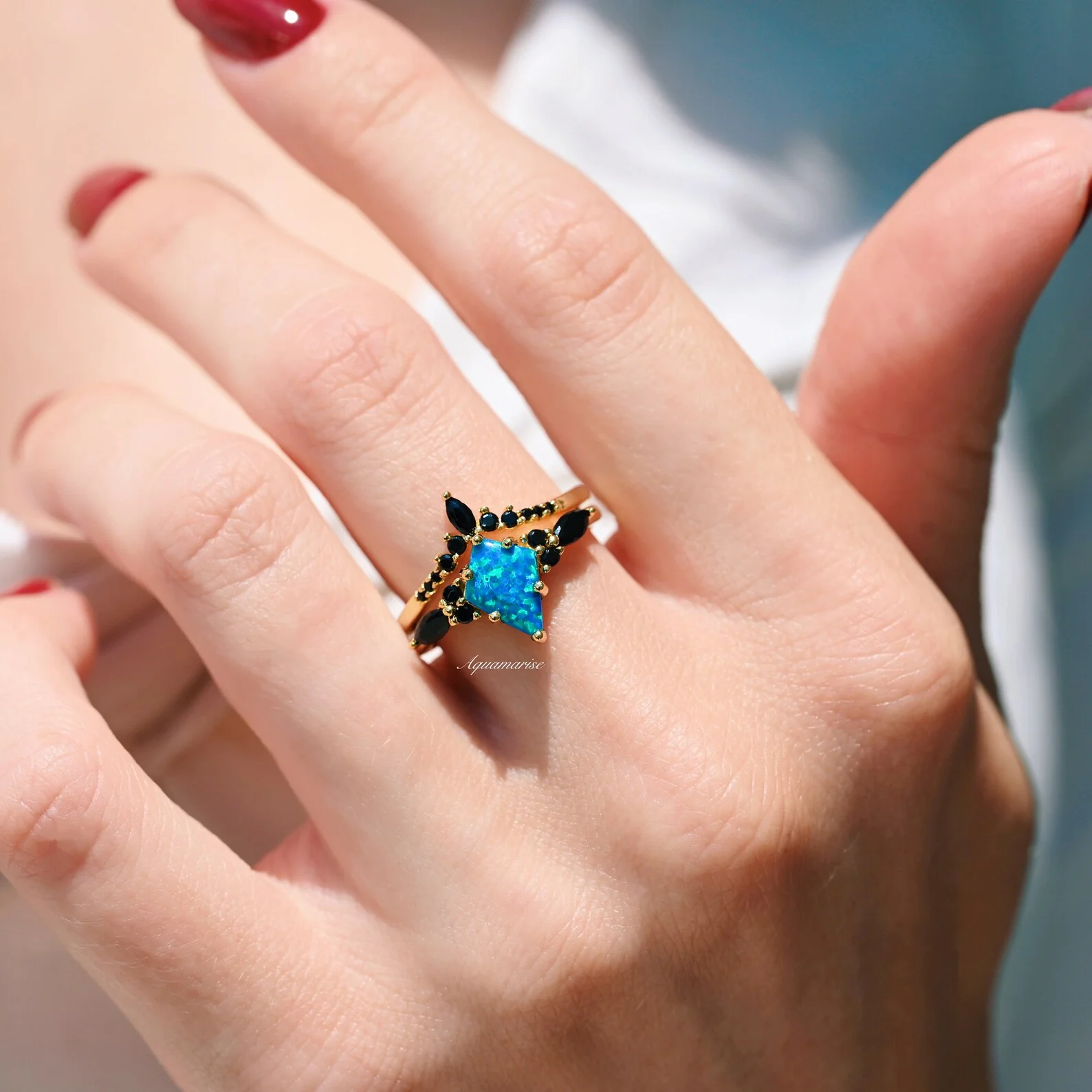 Skye Kite® Blue Fire Opal, Meteorite & Starry Night Couples Ring Set - Image 2