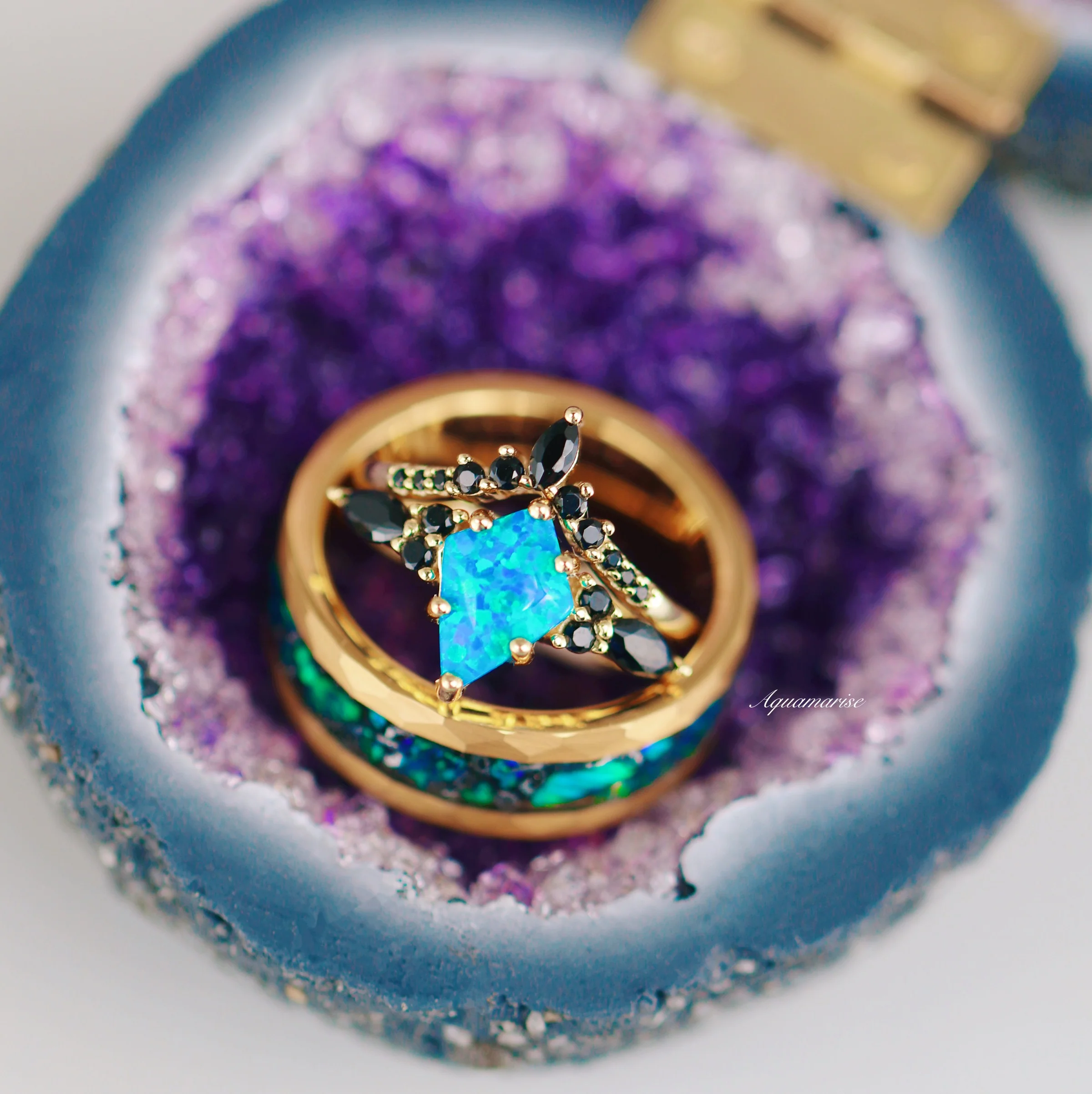Skye Kite® Blue Fire Opal, Meteorite & Starry Night Couples Ring Set - Image 6