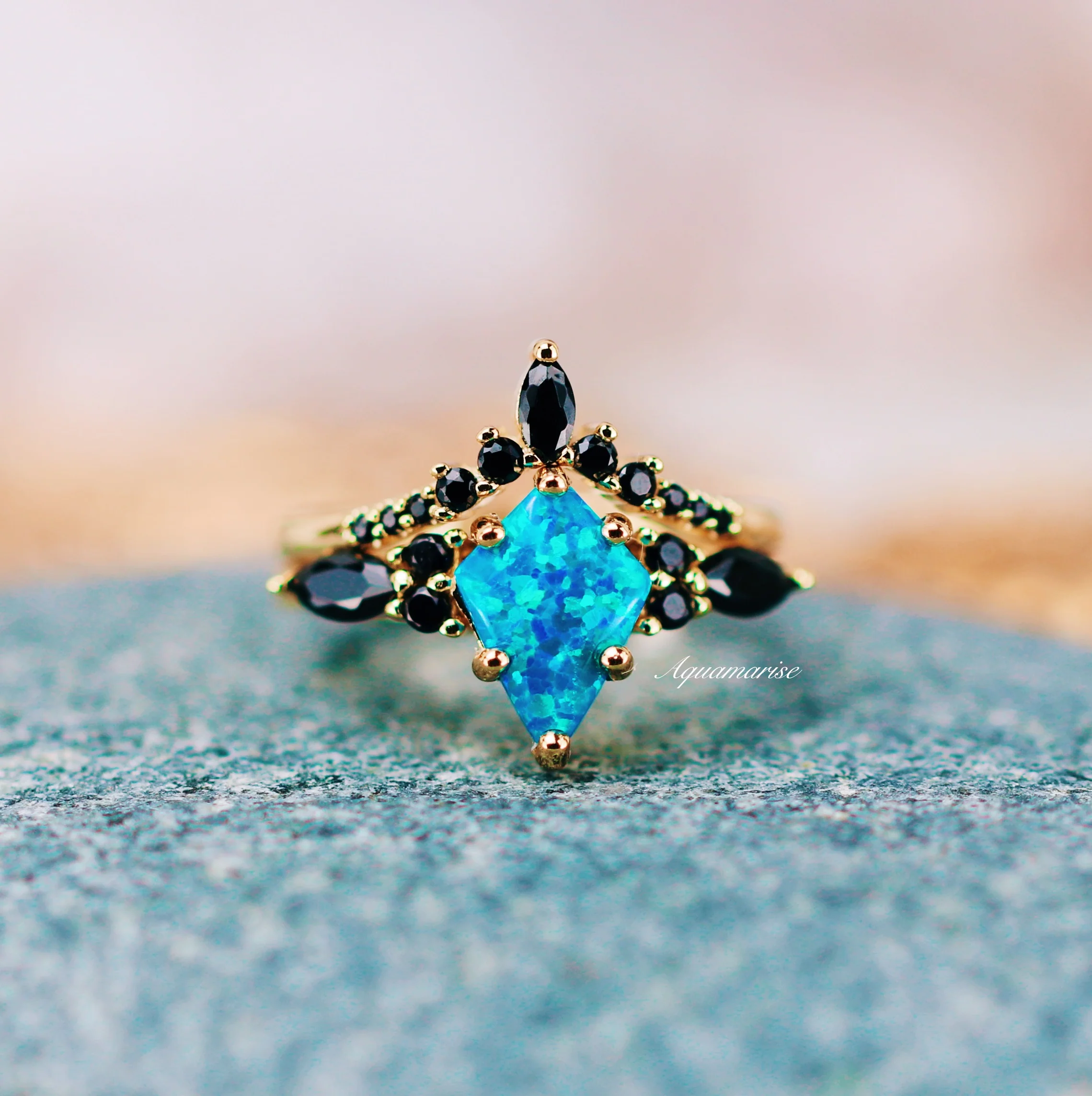 Skye Kite® Blue Fire Opal, Meteorite & Starry Night Couples Ring Set - Image 9