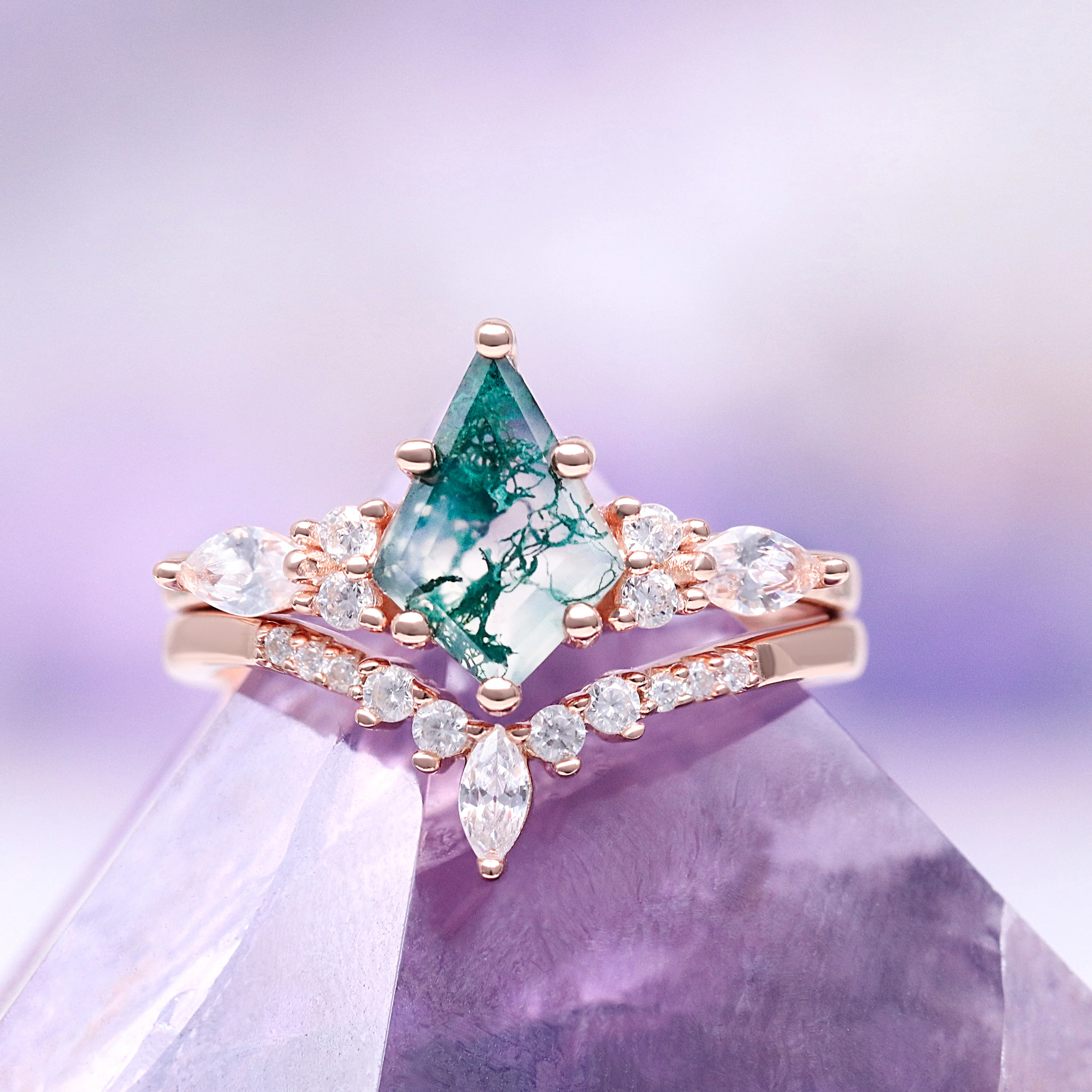 Skye Kite®  Green Moss Agate Engagement Ring Set in 14K Solid Rose Gold