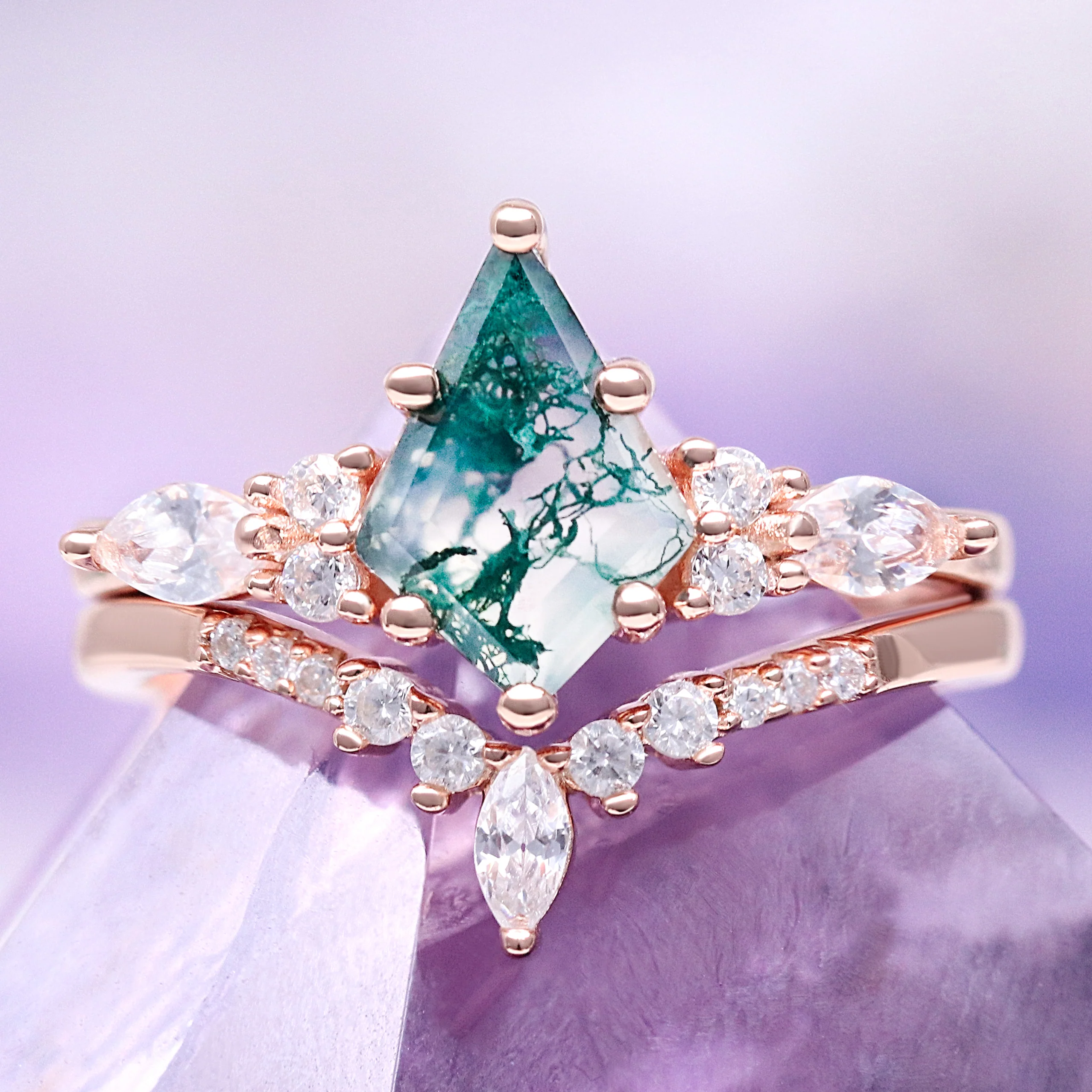 Skye Kite®  Green Moss Agate Engagement Ring Set in 14K Solid Rose Gold - Image 3