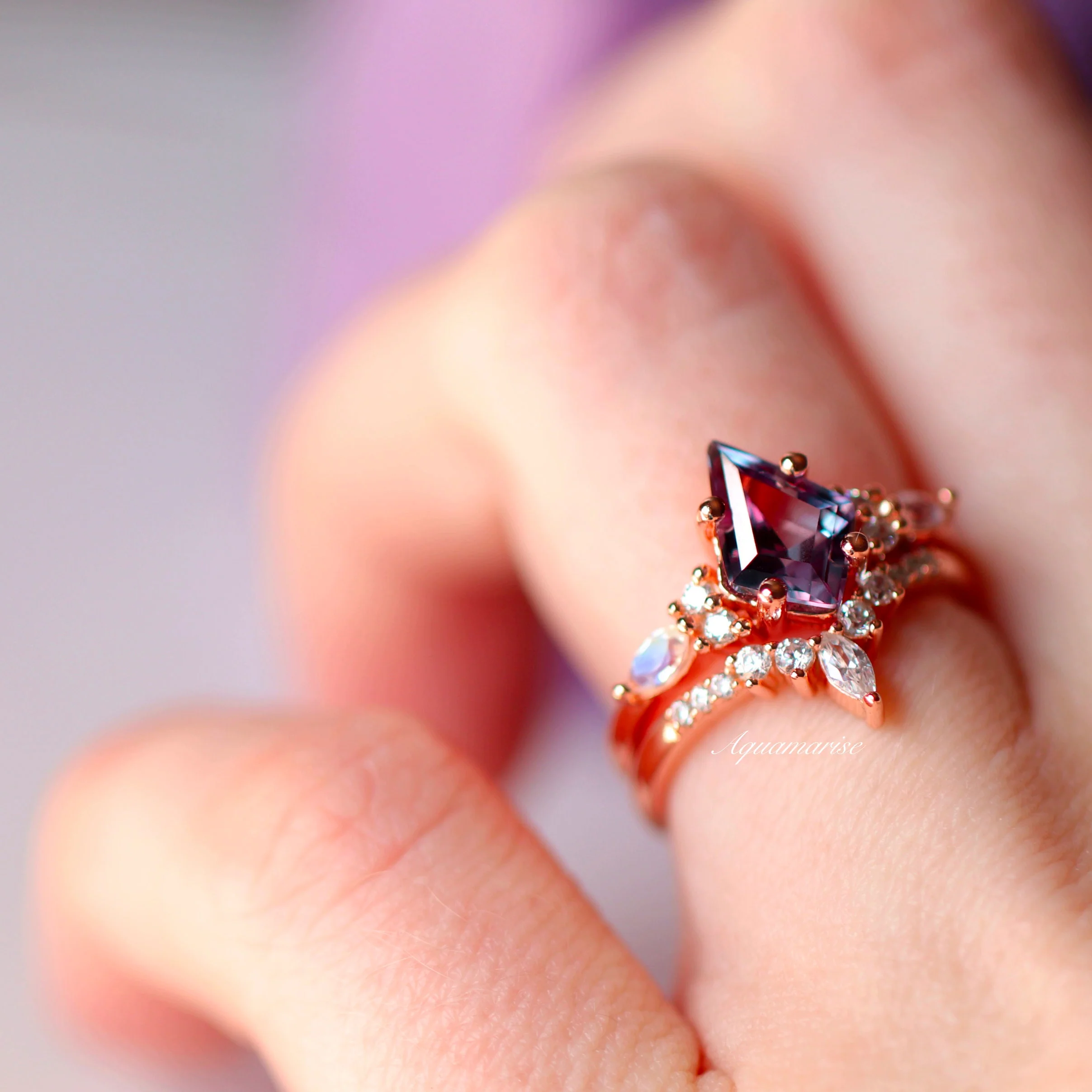 Skye Kite® Alexandrite & Moonstone Engagement Ring Set in 14K Solid Rose Gold - Image 3
