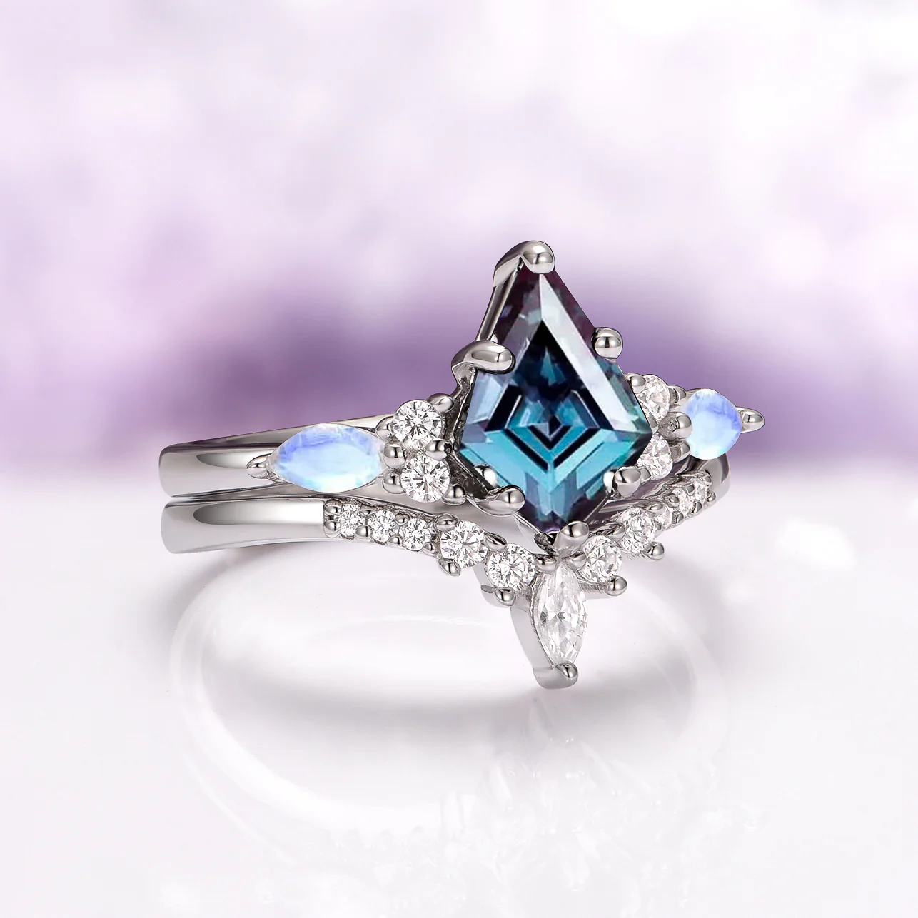 Skye Kite® Alexandrite & Moonstone Engagement Ring Set- 14K White Gold - Image 2
