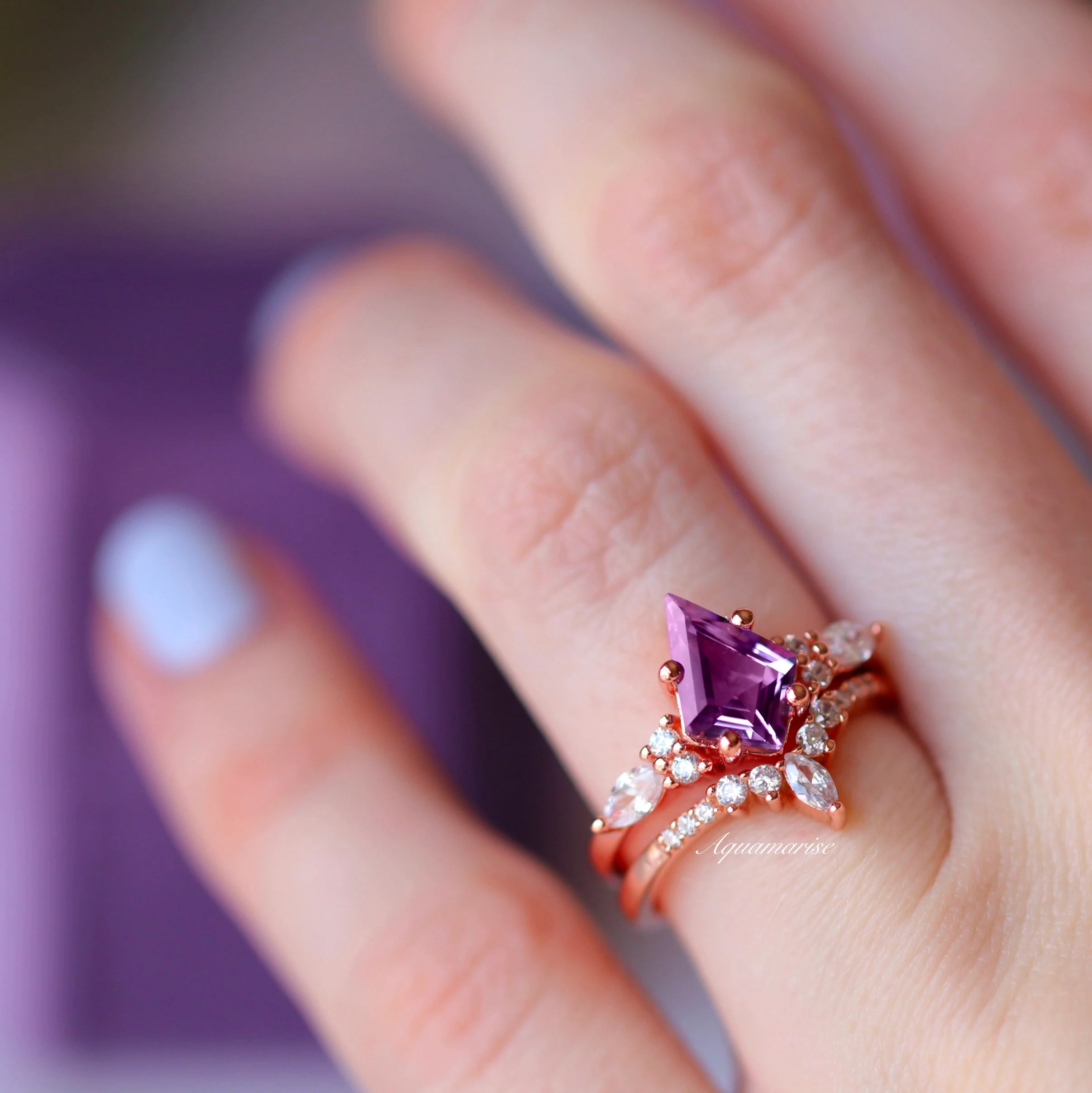 Skye Kite® Natural Amethyst Engagement Ring Set in 14K Solid Rose Gold - Image 3