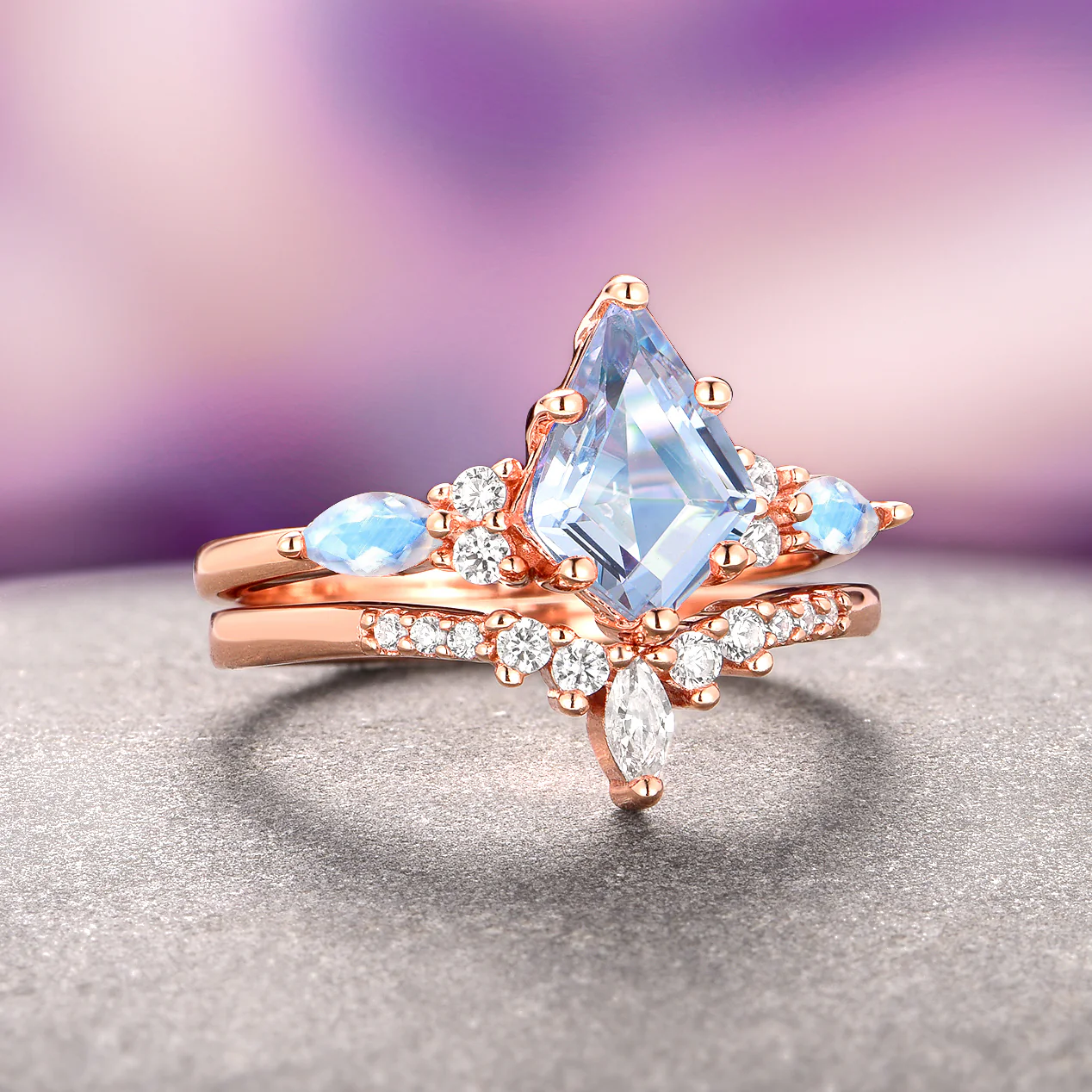 Skye Kite® Aquamarine and Moonstone Ring Set- 14K Solid Rose Gold - Image 2