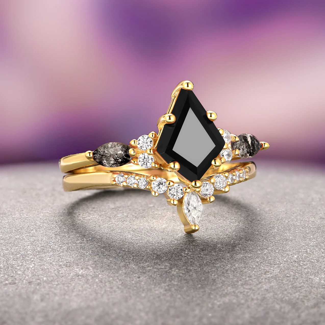 Skye Kite® Black Onyx and Herkimer Diamond Ring Set- 14K Solid Yellow Gold - Image 2
