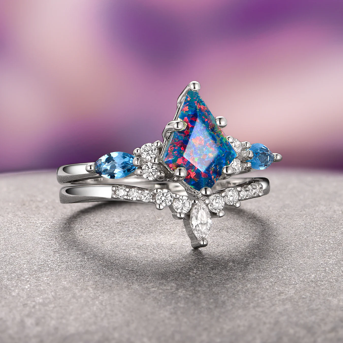 Skye Kite® Blue Fire Opal & Topaz Engagement Ring Set- 14K White Gold - Image 2