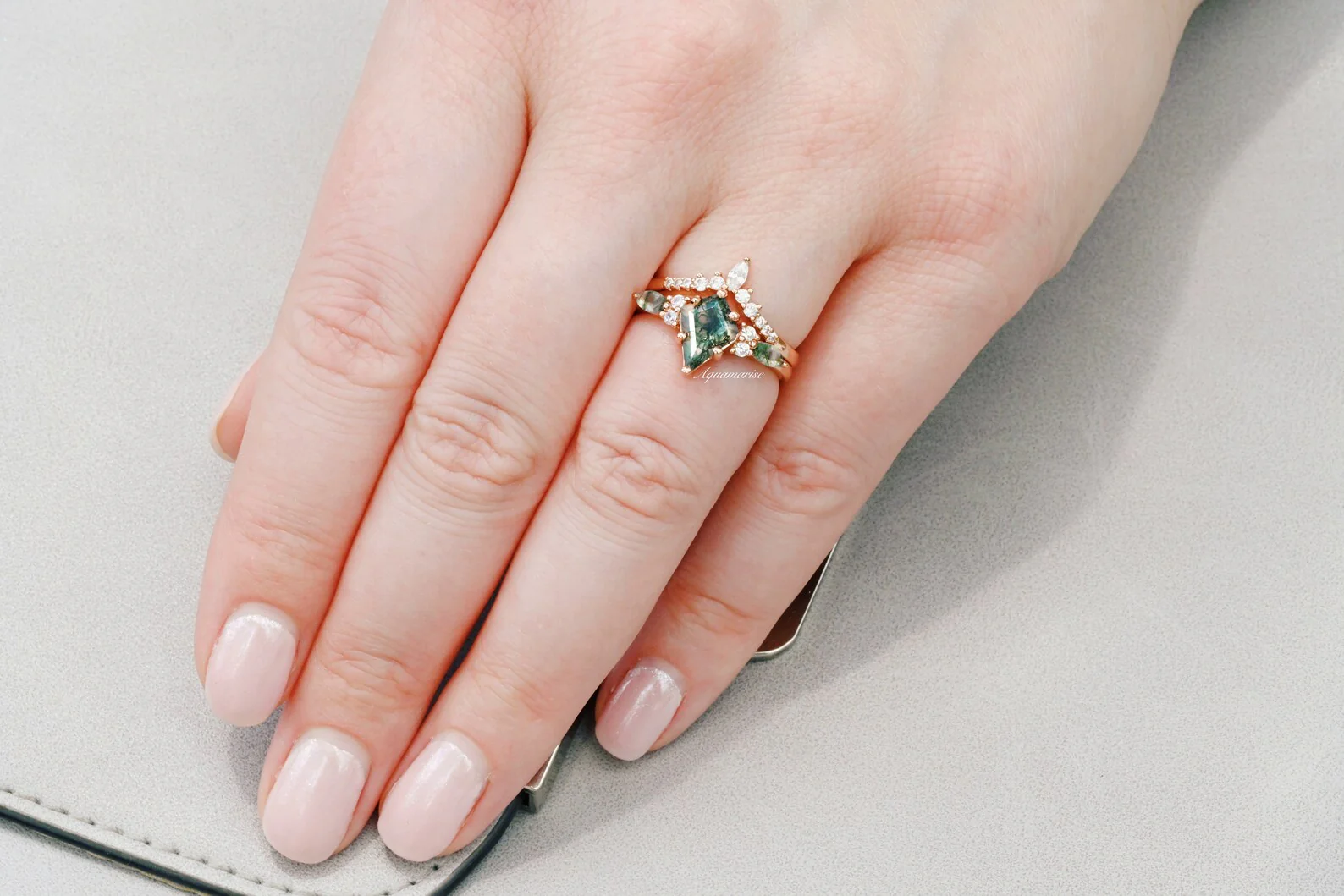 Skye Kite® Green Moss Agate Engagement Ring Set in 14K Solid Rose Gold - Image 6