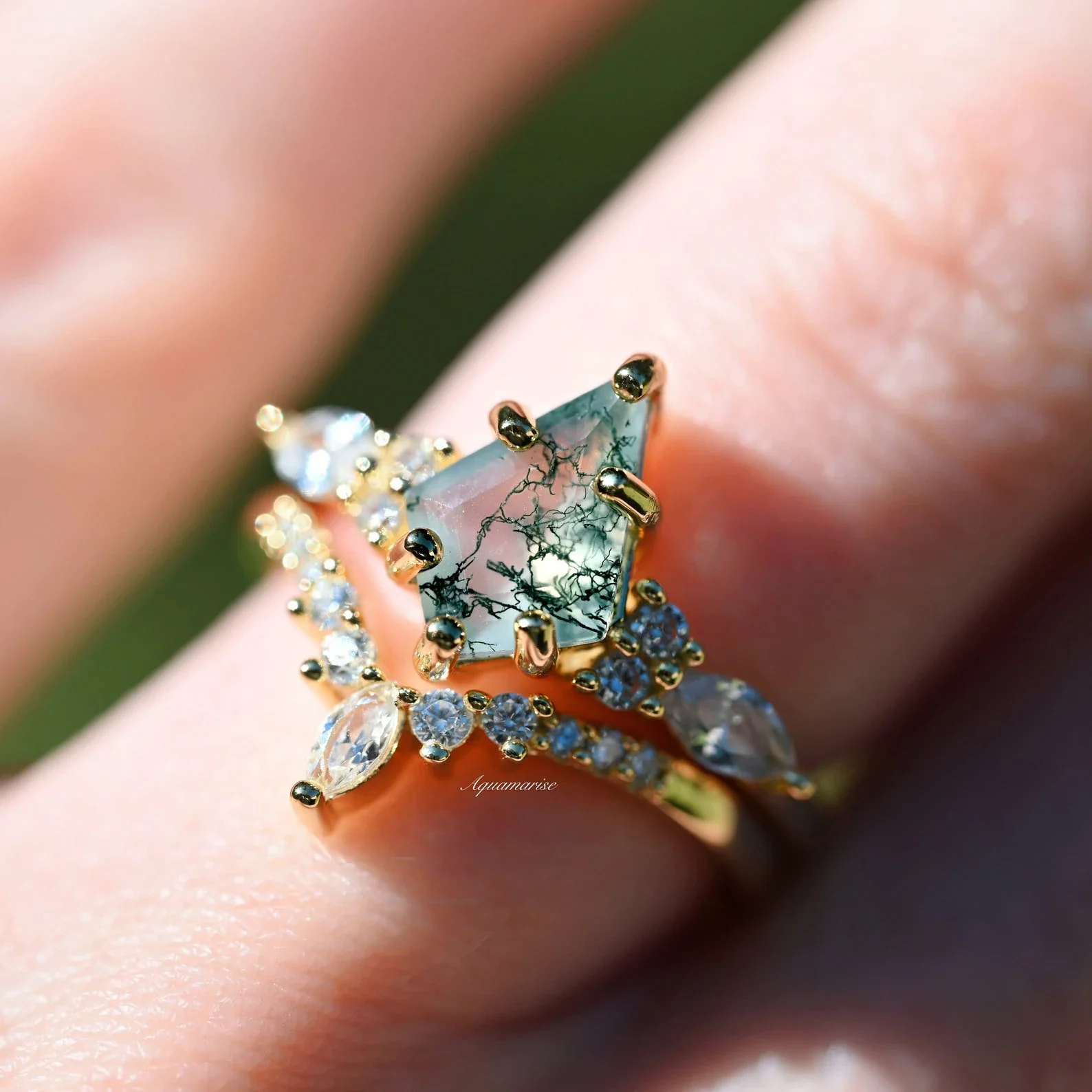 Skye Kite® Green Moss Agate & Whiskey Barrel Couples Ring Set - Image 5