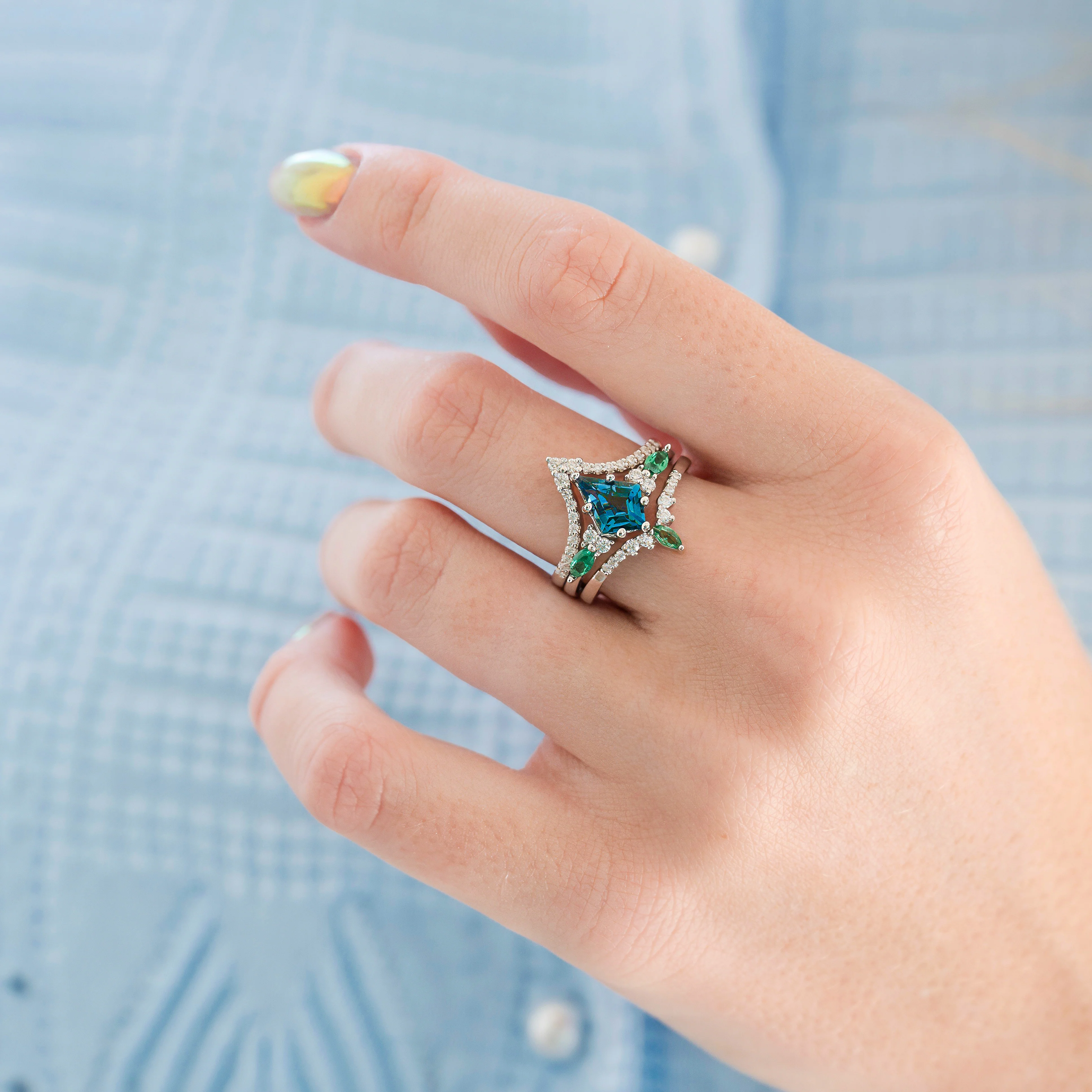 Skye Kite® London Blue Topaz & Emerald Deer Couples Ring Set - Image 7