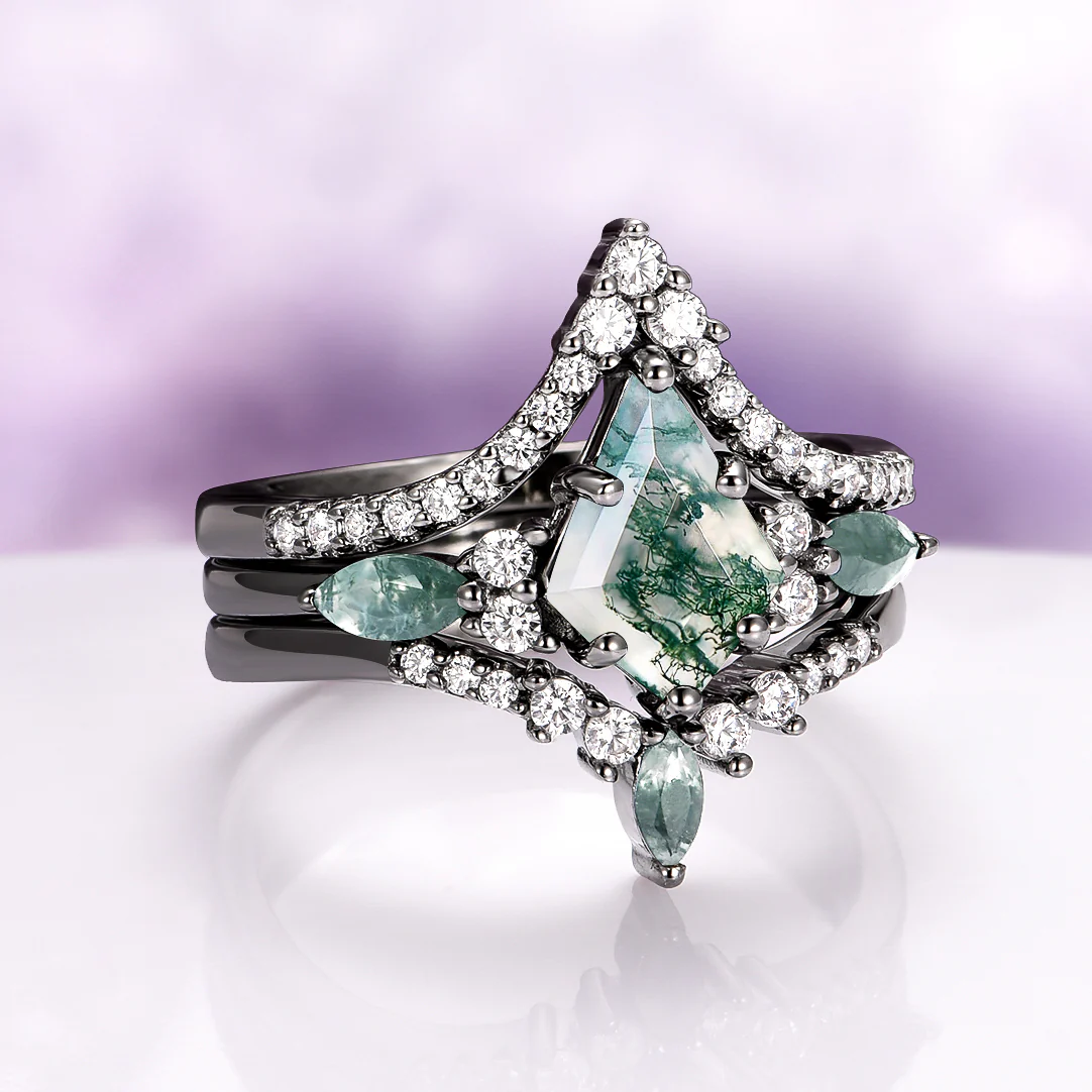 Skye Kite® Green Moss Agate Engagement Ring Set in Black Ruthenium (3-piece) - Image 3