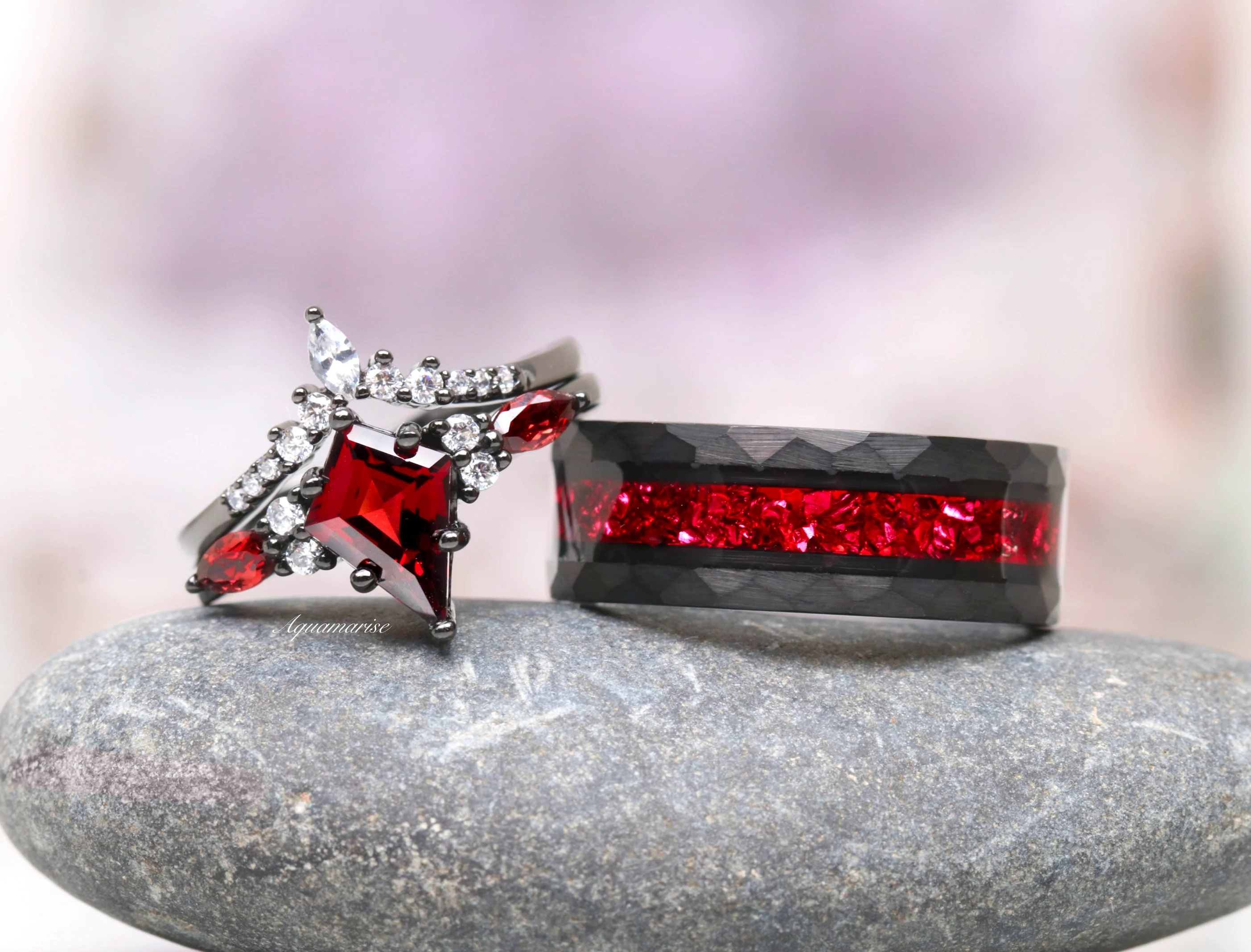 Skye Kite® Natural Red Garnet Kite Engagement Ring Set in Black Rhuthenium - Image 2