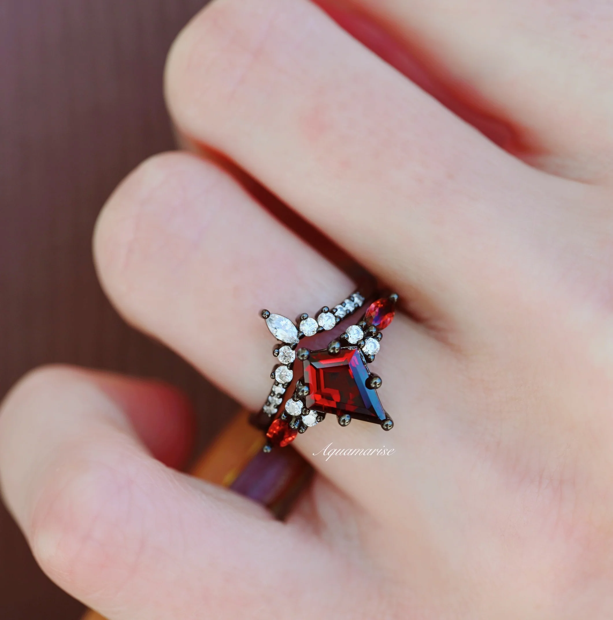 Skye Kite® Natural Red Garnet Kite Engagement Ring Set in Black Rhuthenium - Image 5