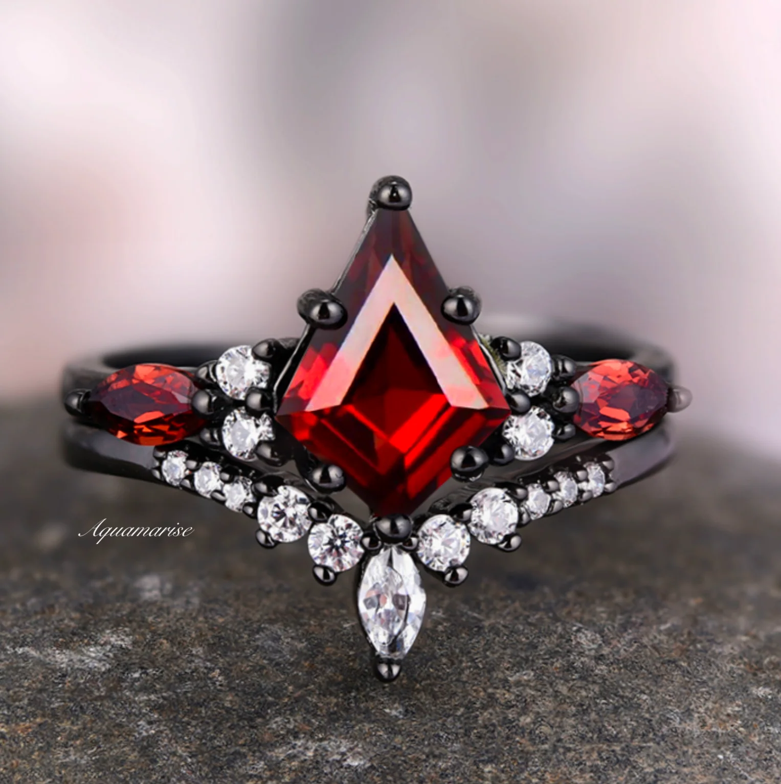 Skye Kite® Natural Red Garnet Kite Engagement Ring Set in Black Rhuthenium - Image 8