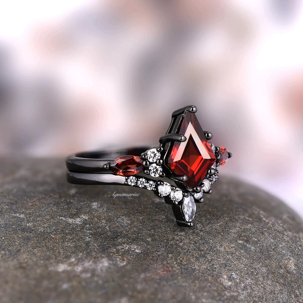 Skye Kite® Natural Red Garnet Kite Engagement Ring Set in Black Rhuthenium - Image 9
