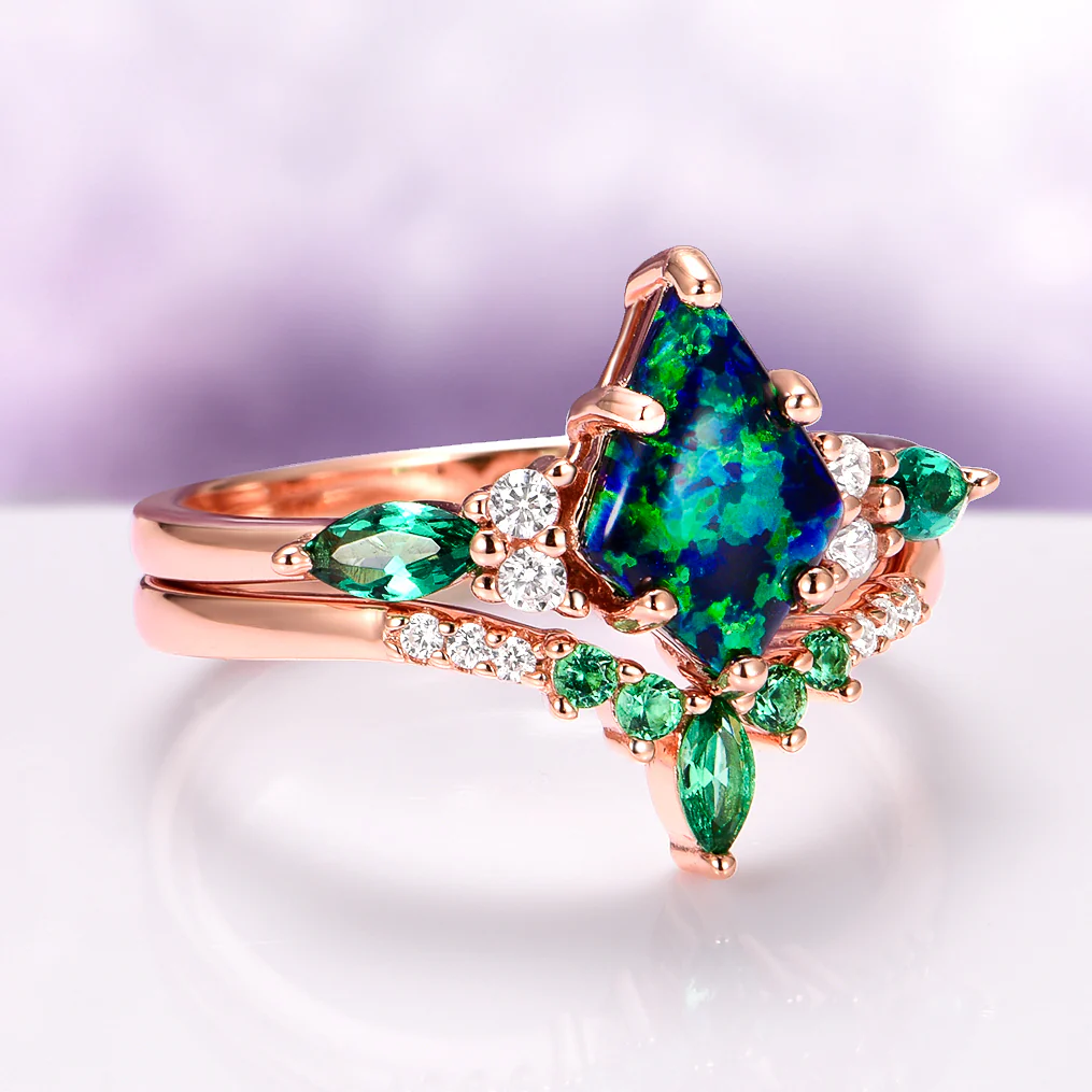 Skye Kite® Peacock Fire Opal & Emerald Engagement Ring Set in 14K Solid Rose Gold - Image 6