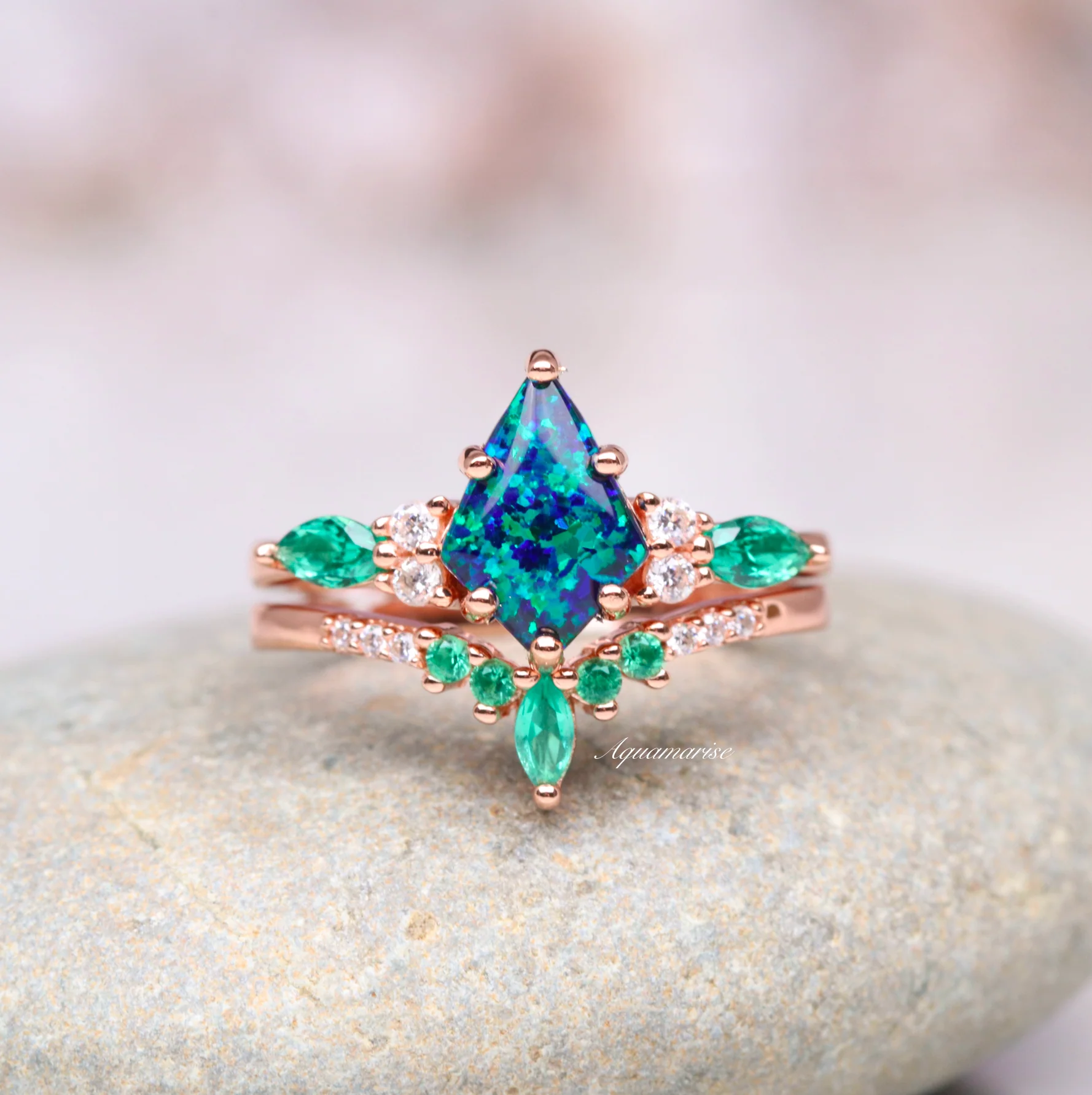 Skye Kite®  Peacock Fire Opal & Emerald Couples Ring Set - Image 8