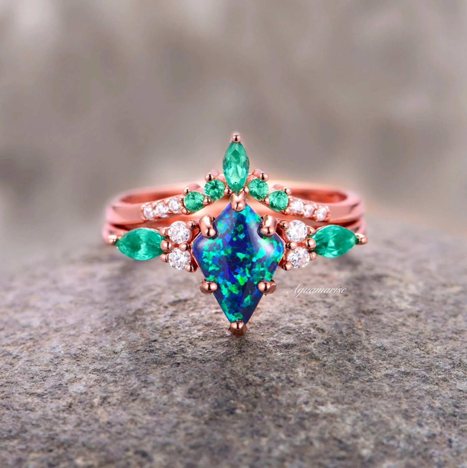 Skye Kite®  Peacock Fire Opal & Emerald Couples Ring Set - Image 9