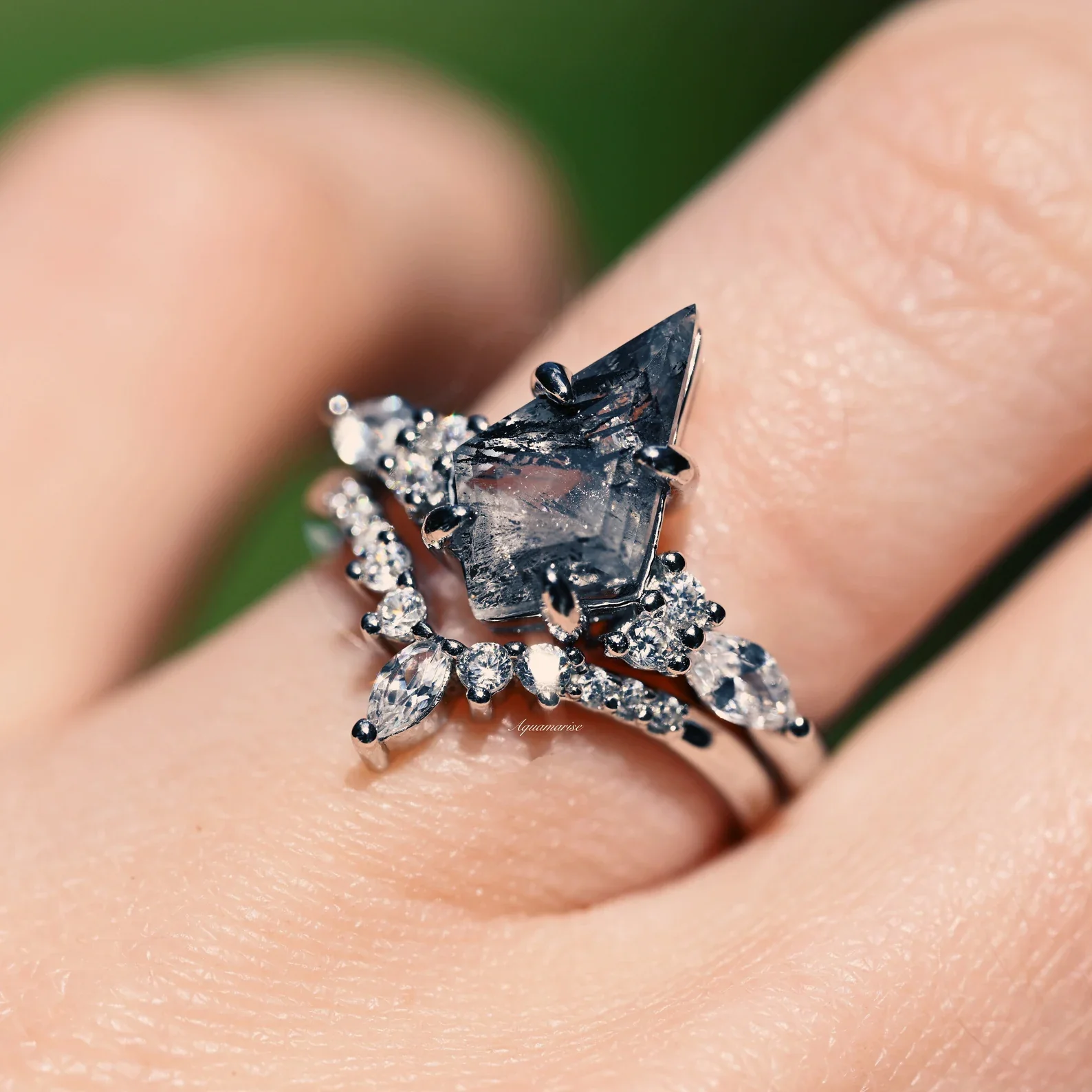 Skye Kite® Natural Herkimer Diamond Engagement Ring Set in 14K White Gold (Salt & Pepper Diamond) - Image 6