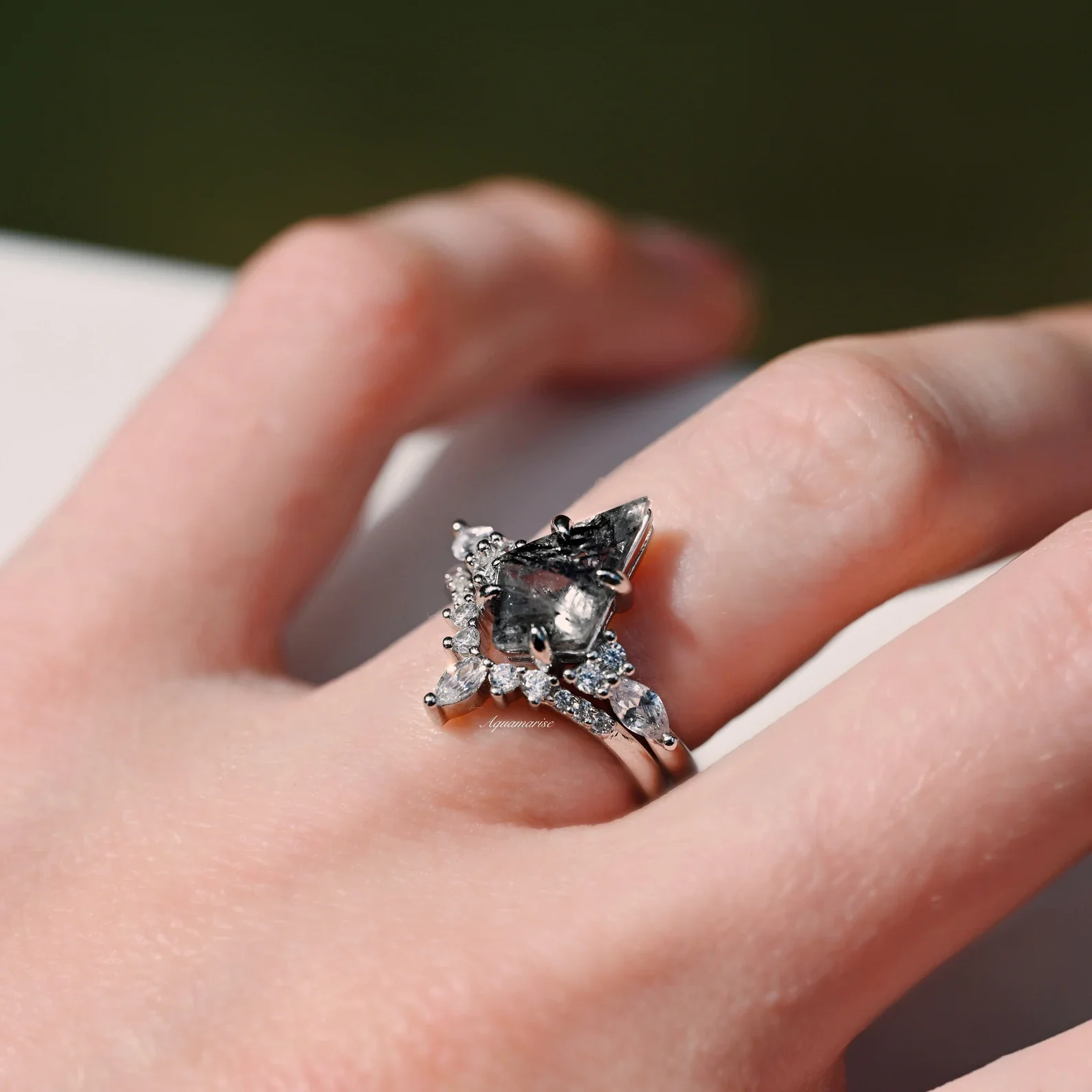 Skye Kite® Natural Herkimer Diamond Engagement Ring Set in 14K White Gold (Salt & Pepper Diamond) - Image 7