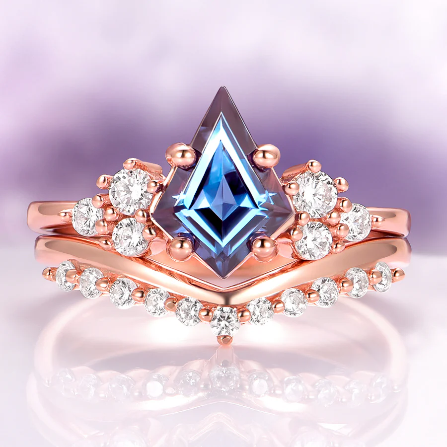 Skylar Kite Cut Alexandrite Engagement Ring Set in 14K Solid Rose Gold