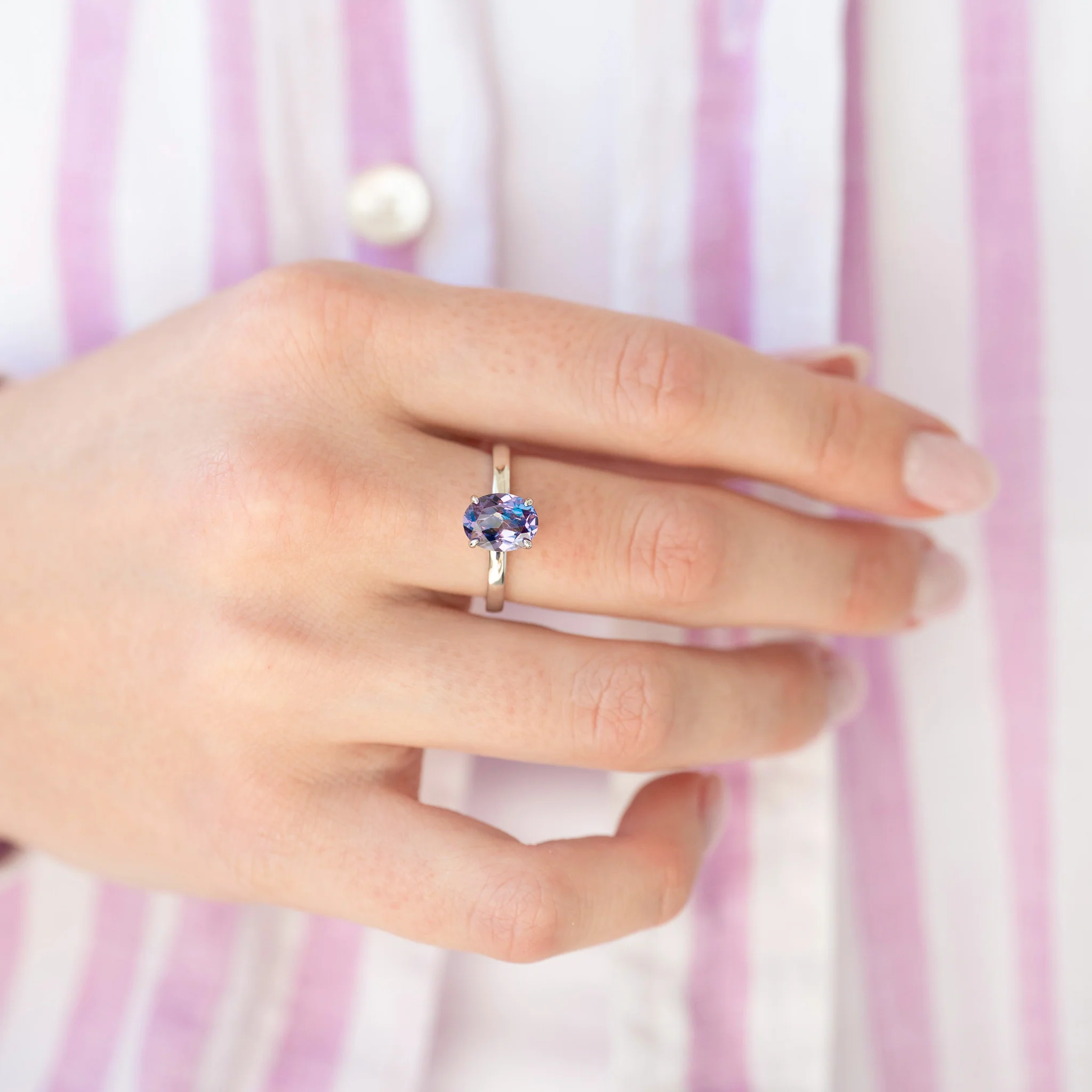Solitaire 2ct Oval Cut Alexandrite Engagement Ring- Sterling Silver - Image 2