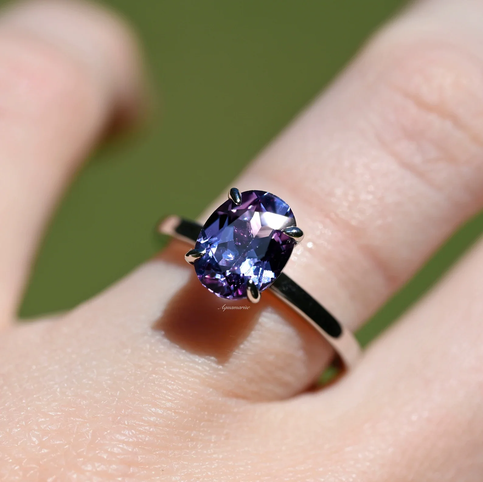 Solitaire 2ct Oval Cut Alexandrite Engagement Ring- Sterling Silver - Image 3